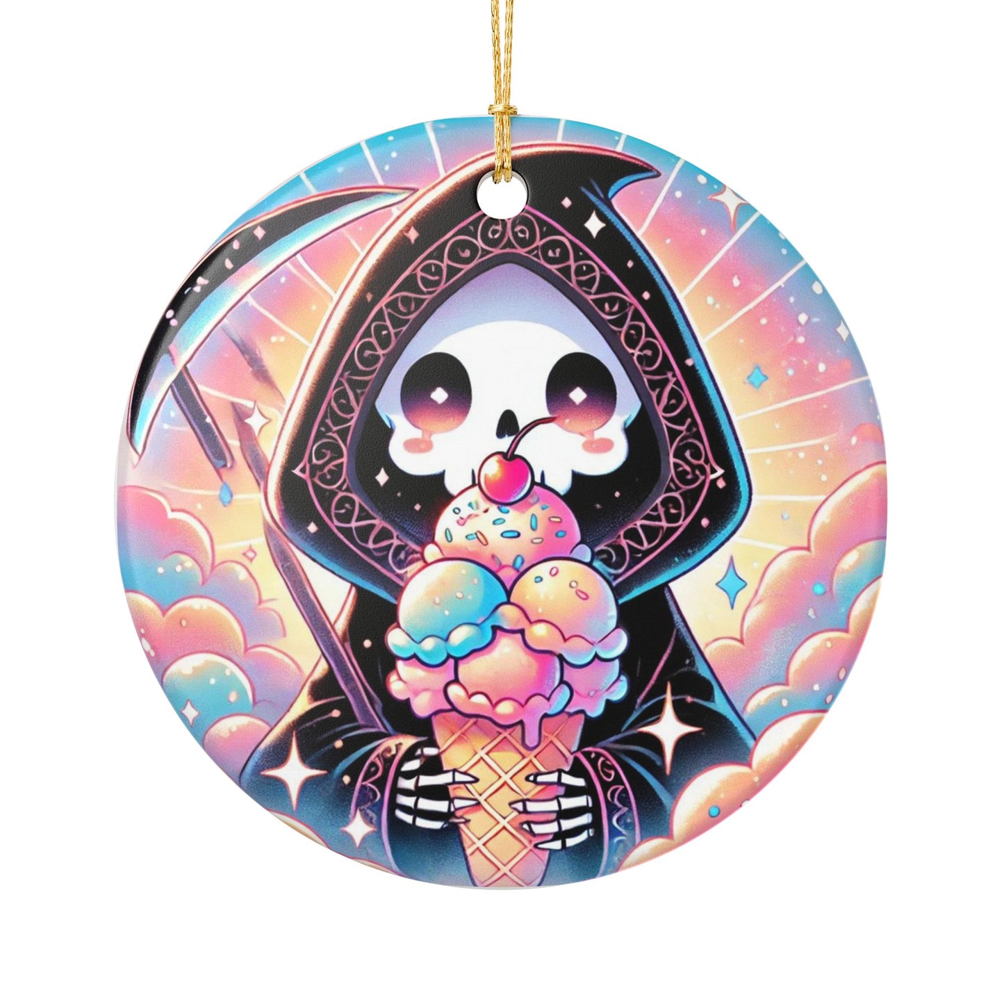 Cute Grim Reaper Ice Cream Pastel Novelty Art Ceramic Ornament, Holiday Keepsake