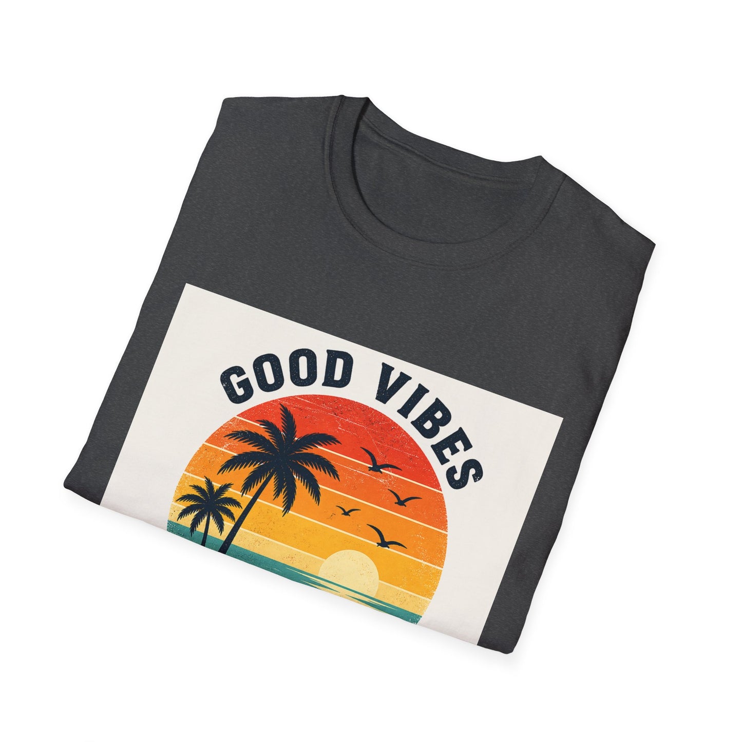 Good Vibes High Tides T-Shirt | Retro Sunset Palm Beach Design