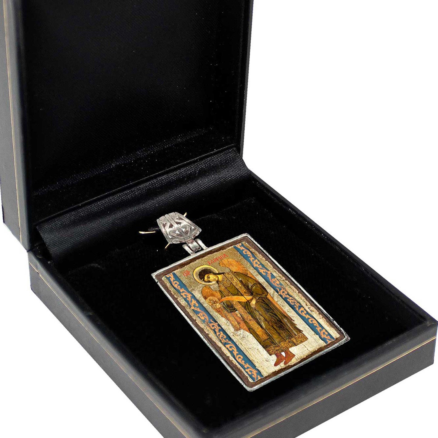 Saint Gabriel Archangel Religious Jewelry Silver Plated Necklace, Gold-Plated Wooden Cabochon - Christian Icon - Inspirational Icon Decor - 43041R
