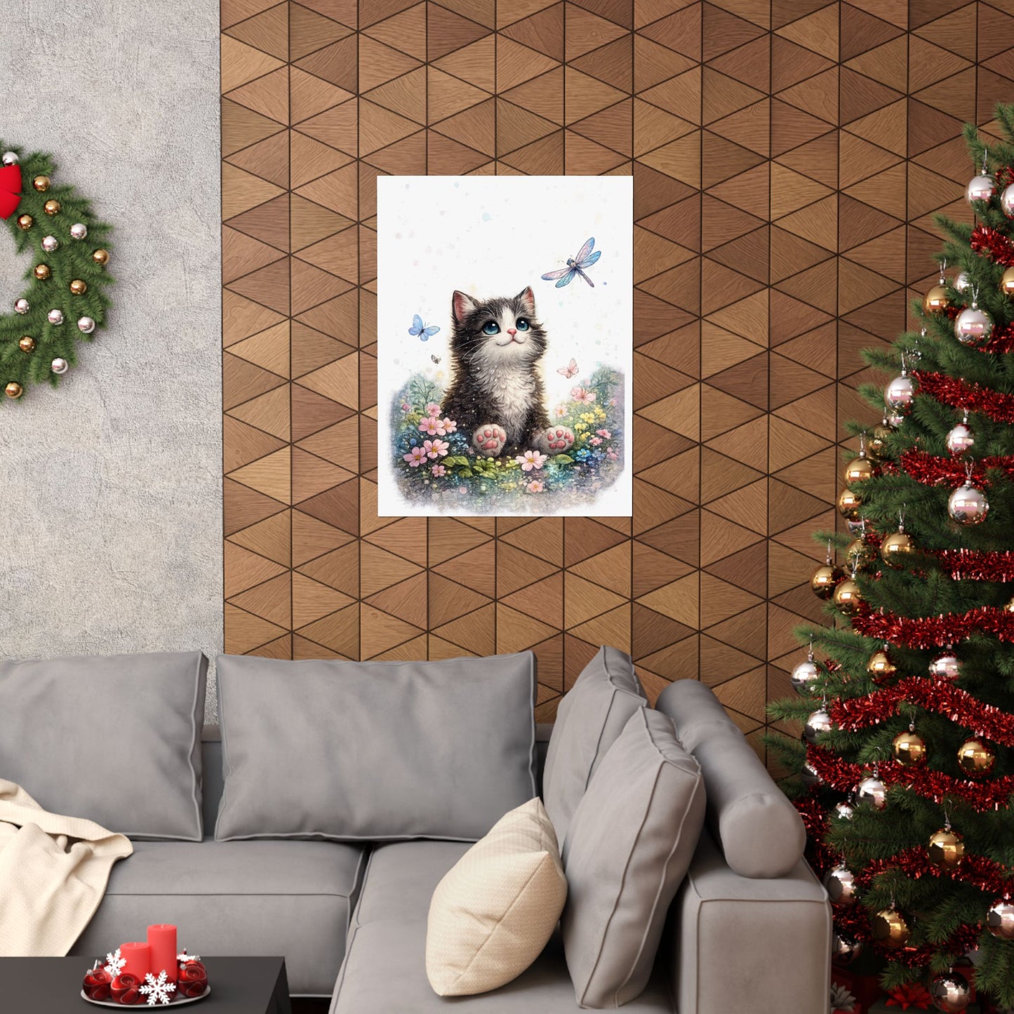 Whimsical Kitten Butterfly Garden Art Poster