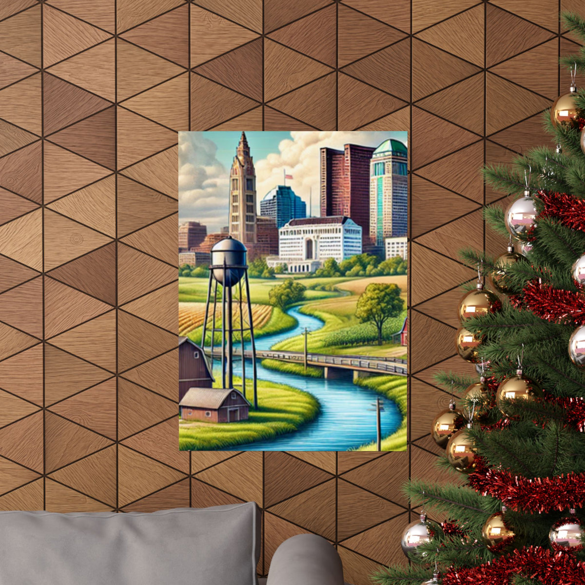 Rural River City Skyline Hometown Landscape Poster Art