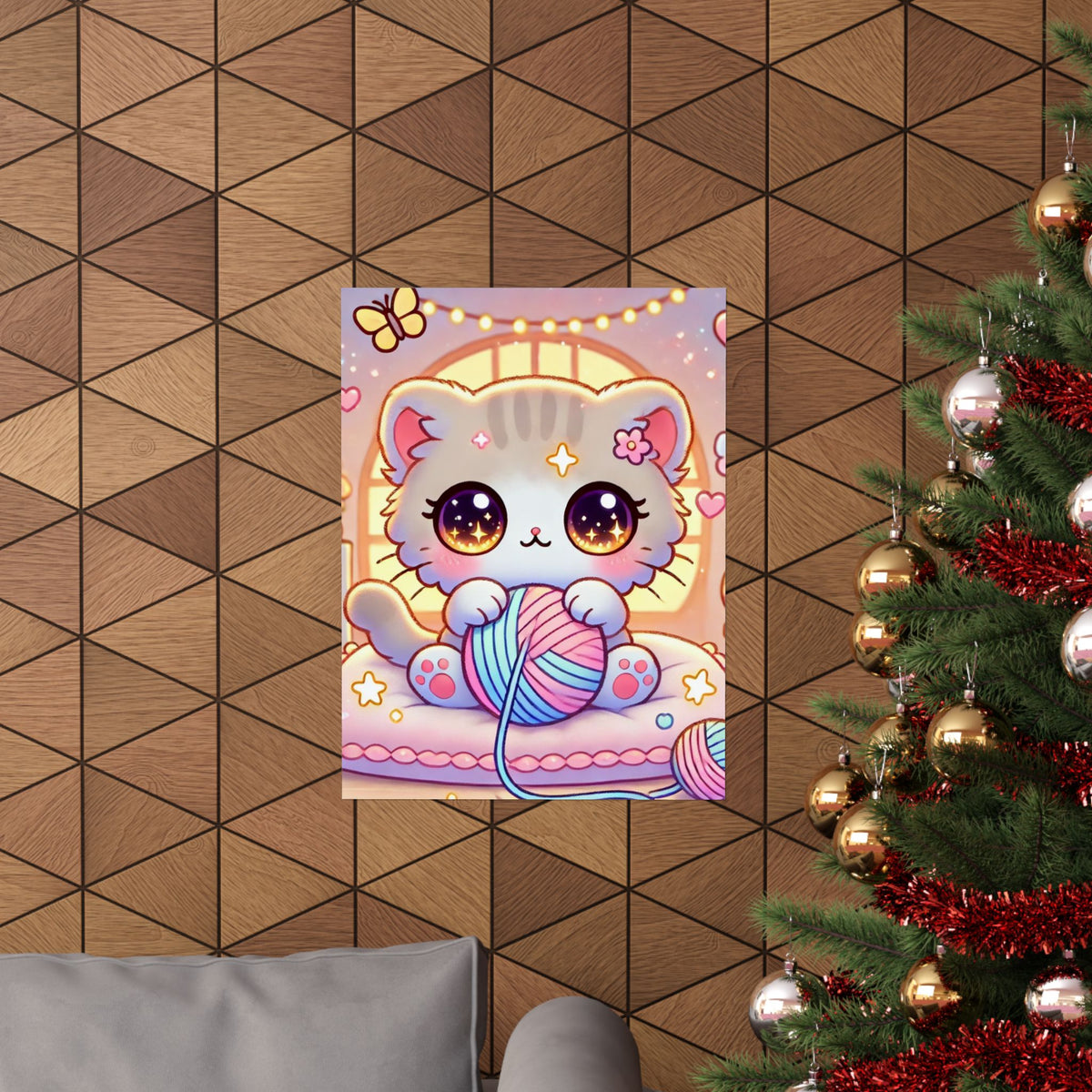 Cozy Kawaii Knitting Cat Pastel Yarn Wall Art Poster
