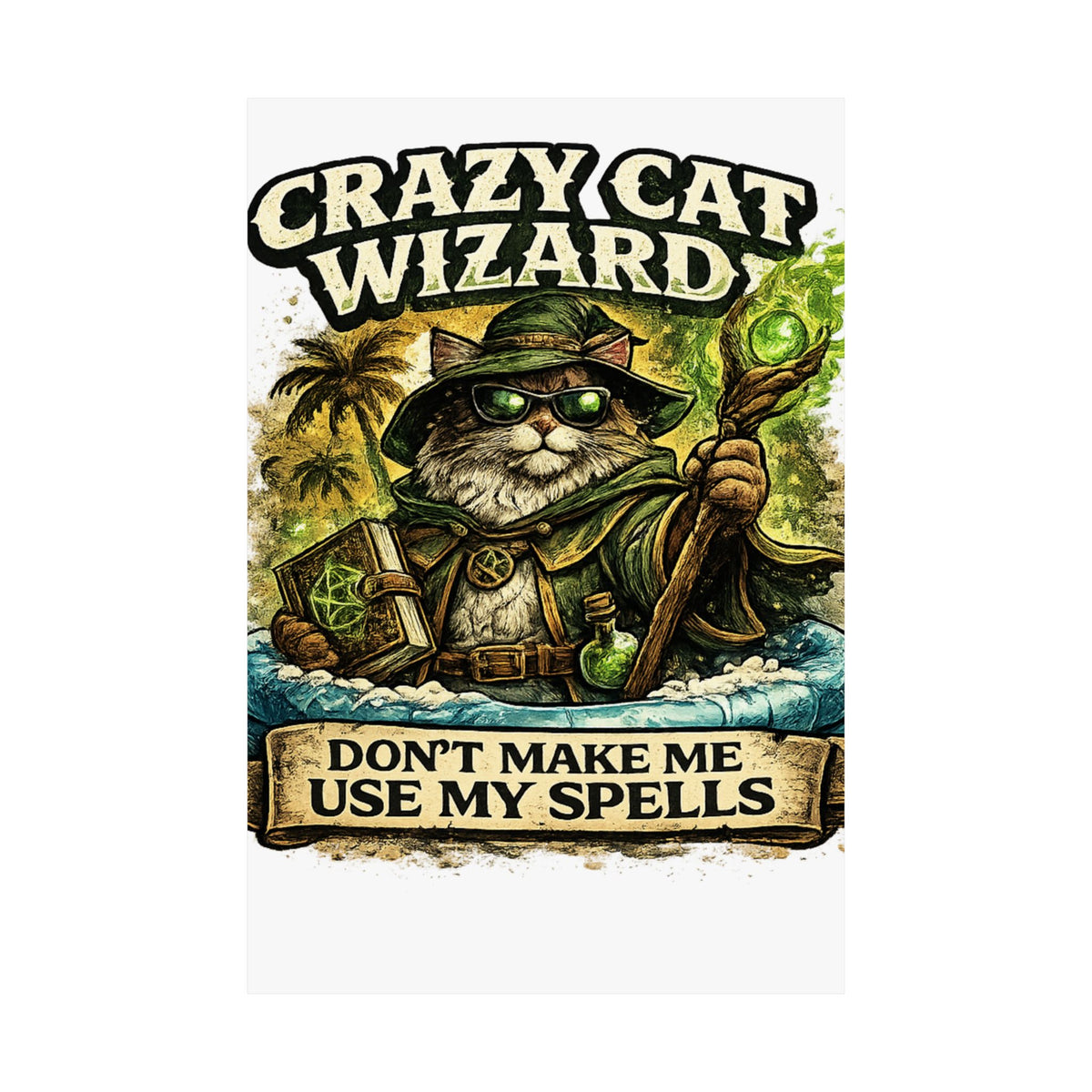 Crazy Cat Wizard Funny Fantasy Magic Art Poster