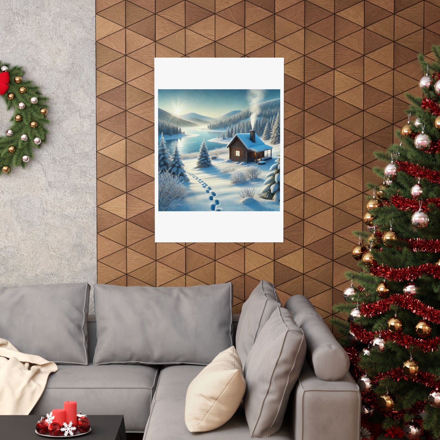 Snowy Cabin Winter Lake Landscape Art Poster