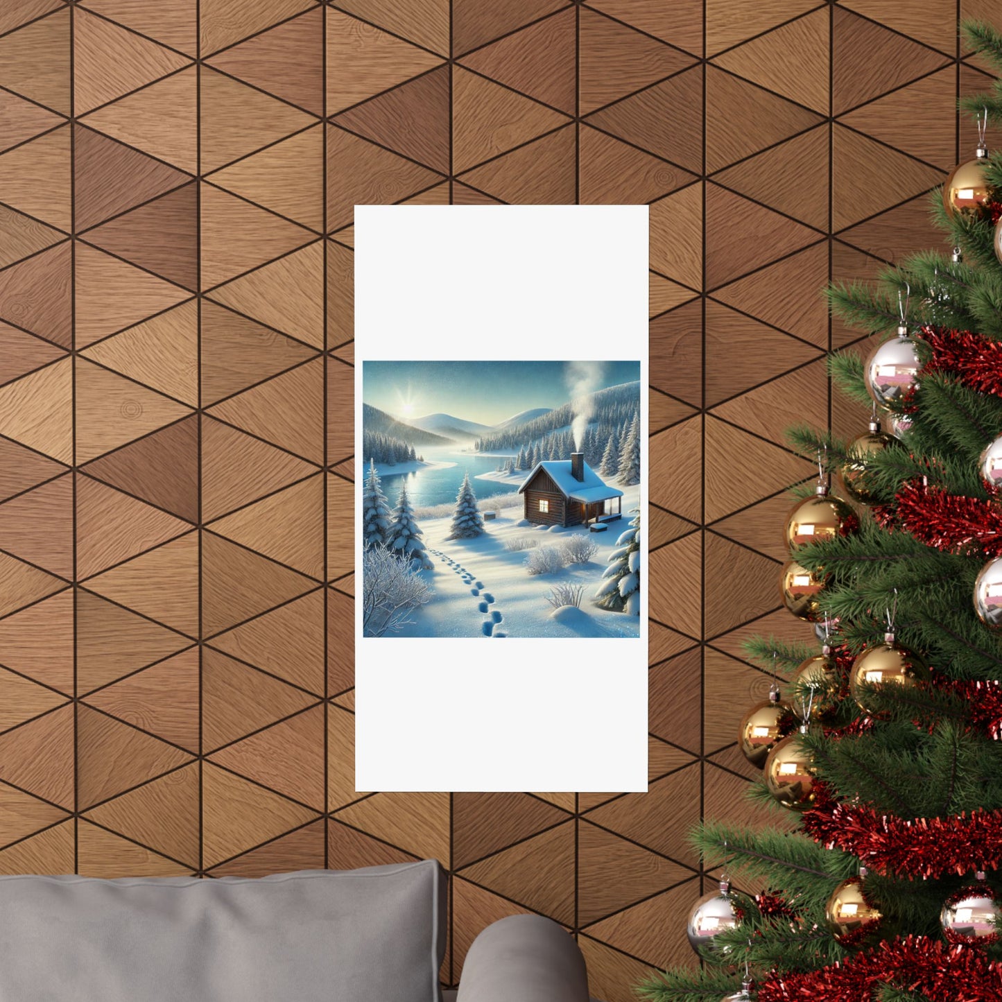 Snowy Cabin Winter Lake Landscape Art Poster