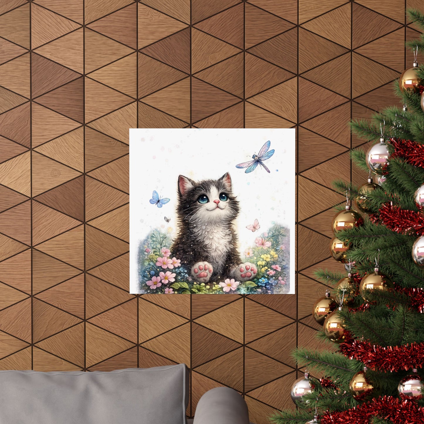 Whimsical Kitten Butterfly Garden Art Poster