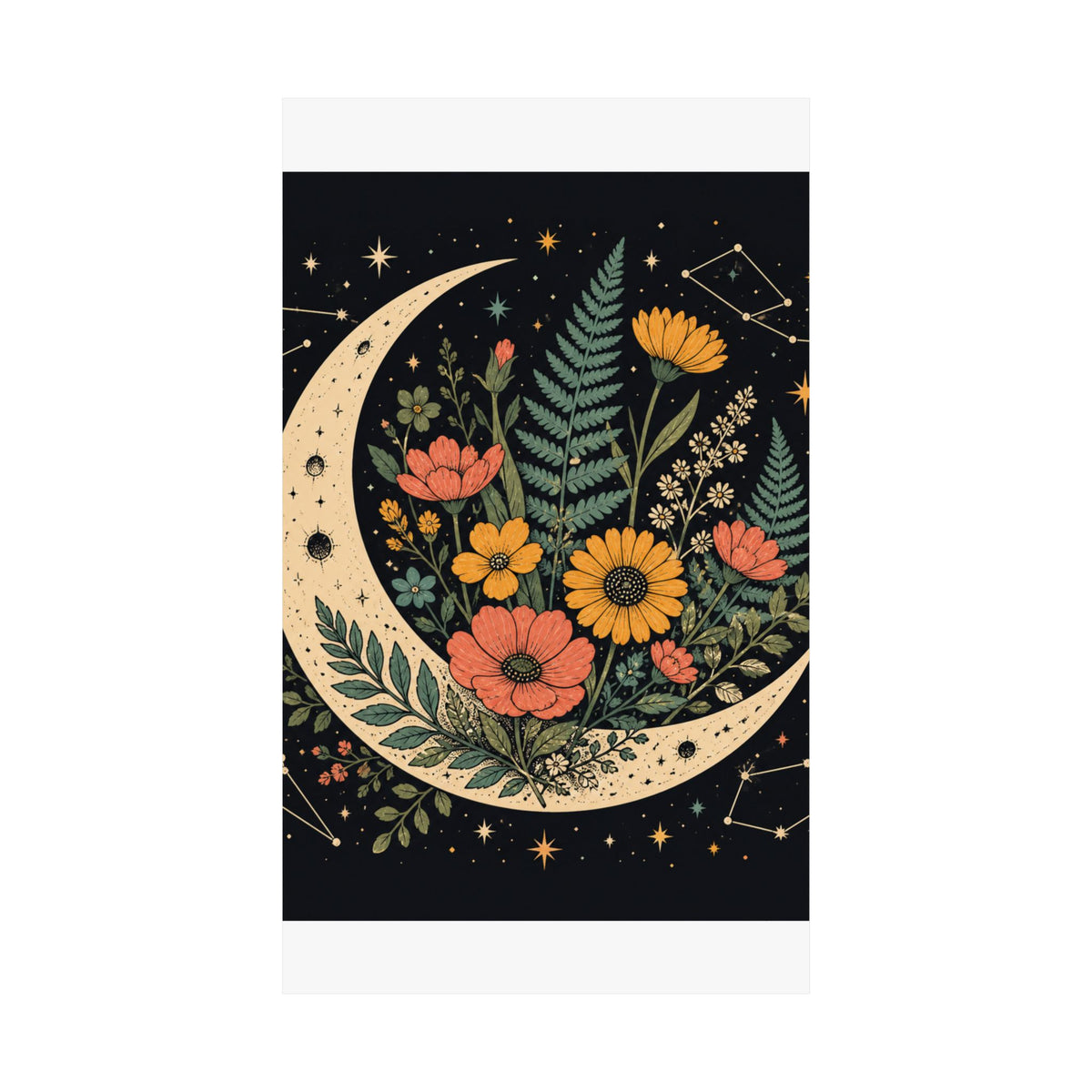 Celestial Wildflower Crescent Moon Botanical Art Poster