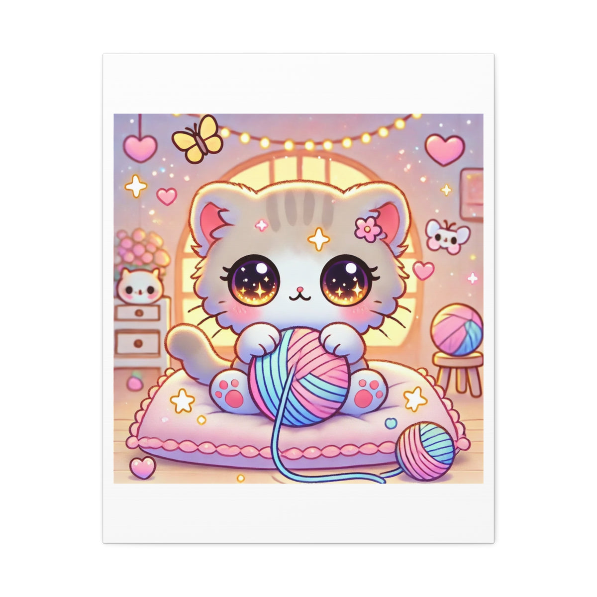 Cozy Kawaii Knitting Cat Pastel Yarn Canvas Wall Art