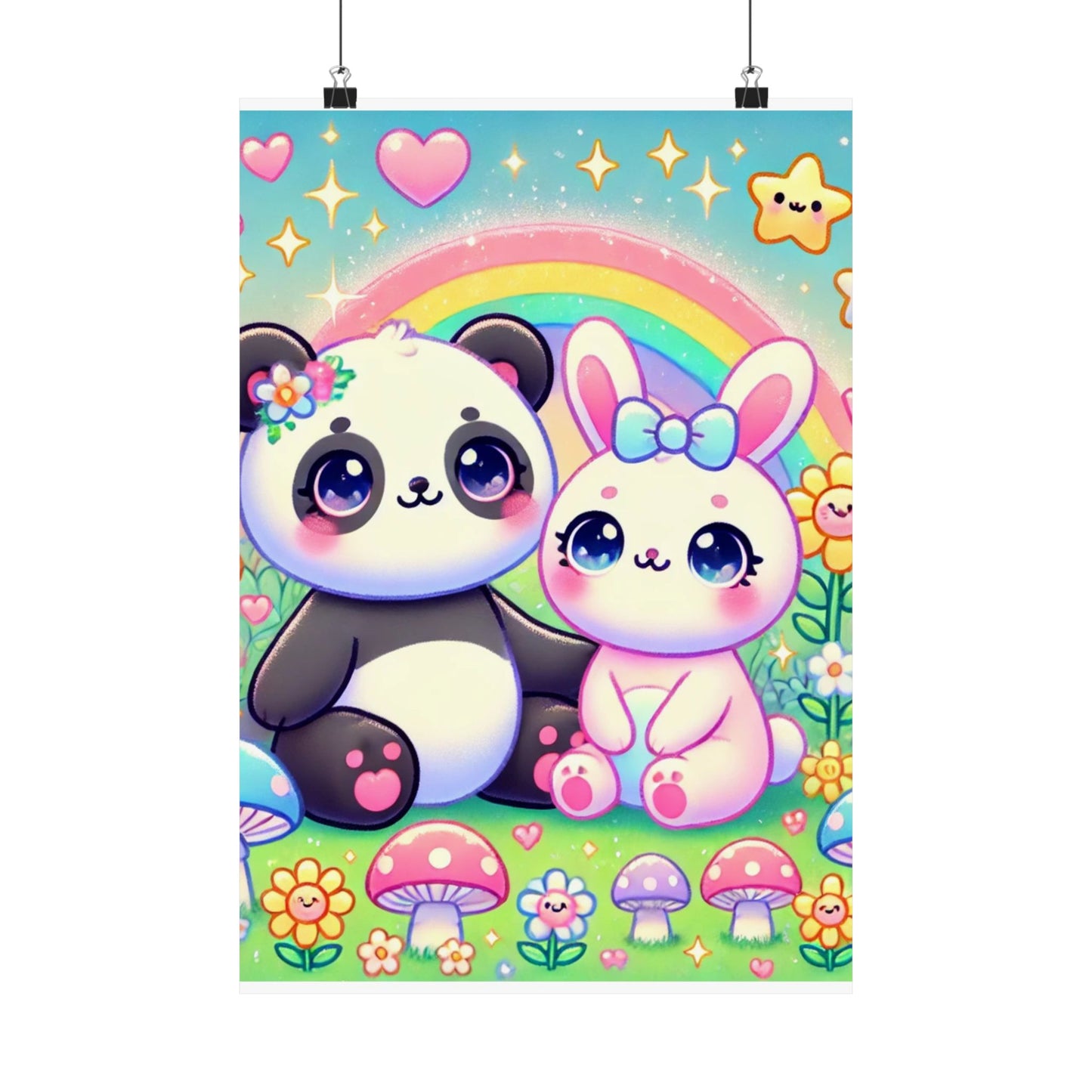 Pastel Panda and Bunny Rainbow Garden Wall Art Poster