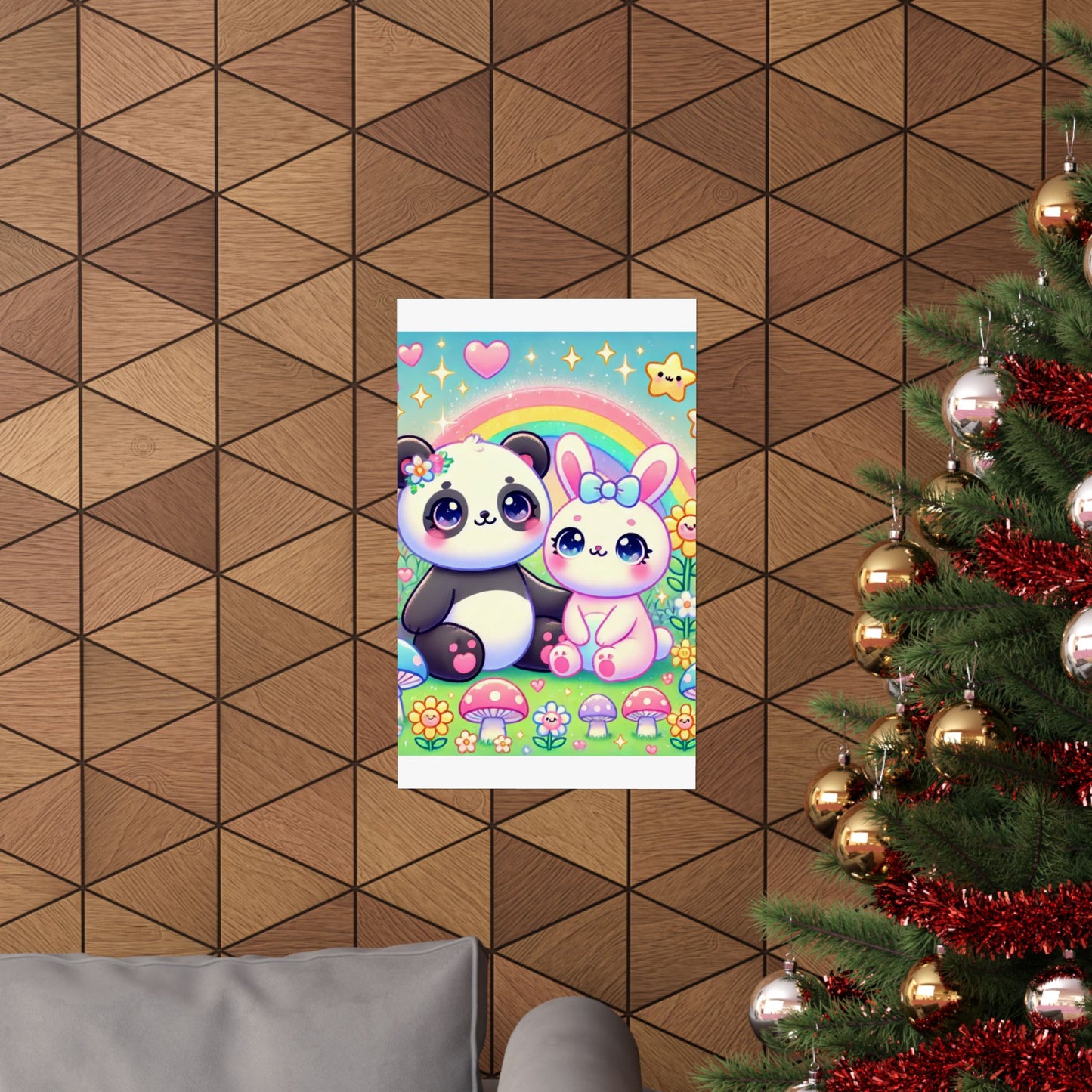 Pastel Panda and Bunny Rainbow Garden Wall Art Poster