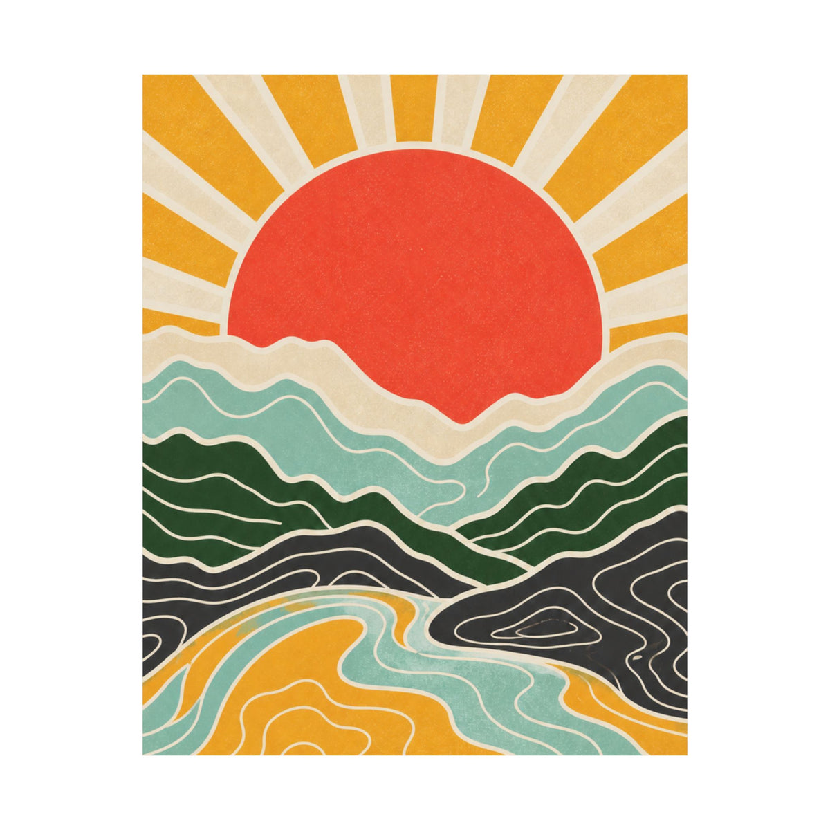 Topographic Sunrise Mid Century Mountain Art Poster