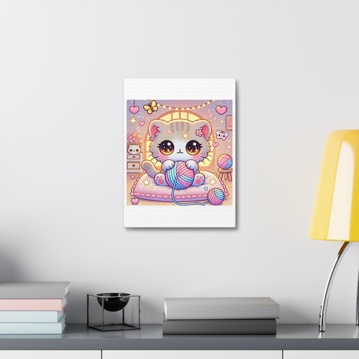 Cozy Kawaii Knitting Cat Pastel Yarn Canvas Wall Art