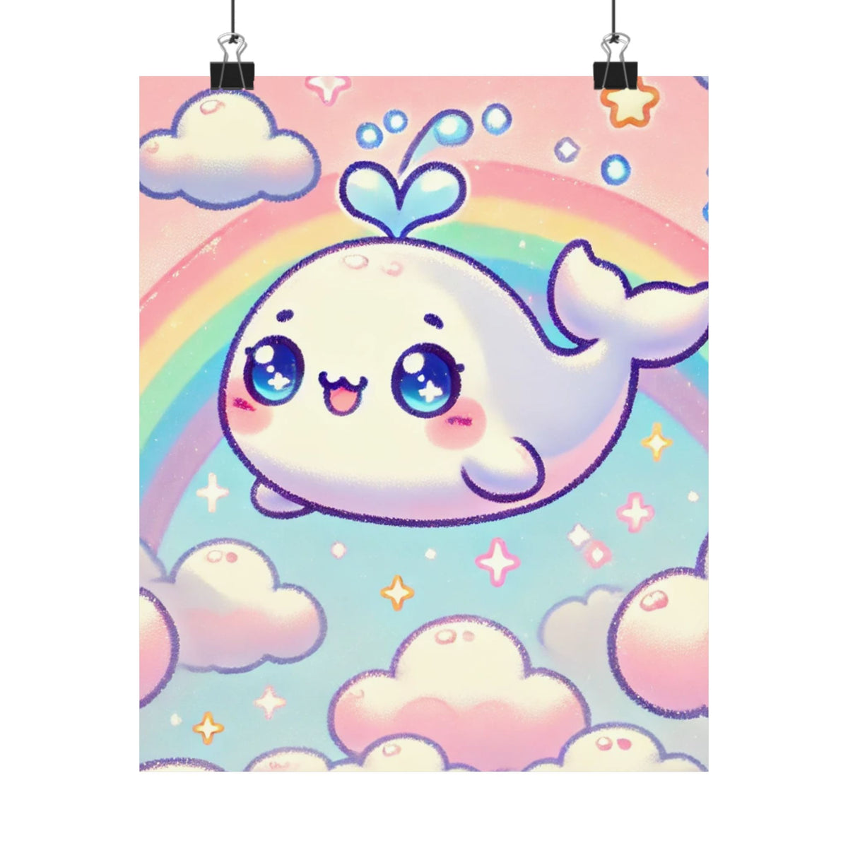 Kawaii Rainbow Whale Pastel Cloud Wall Art Poster