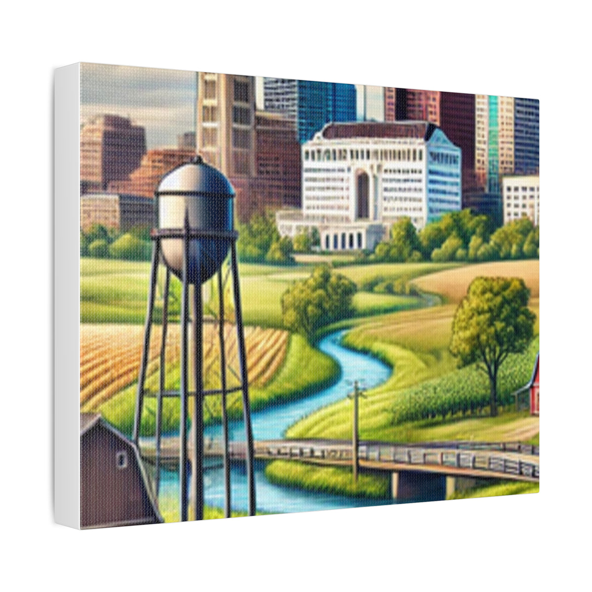 Rural River City Skyline Hometown Landscape Canvas Wall Art