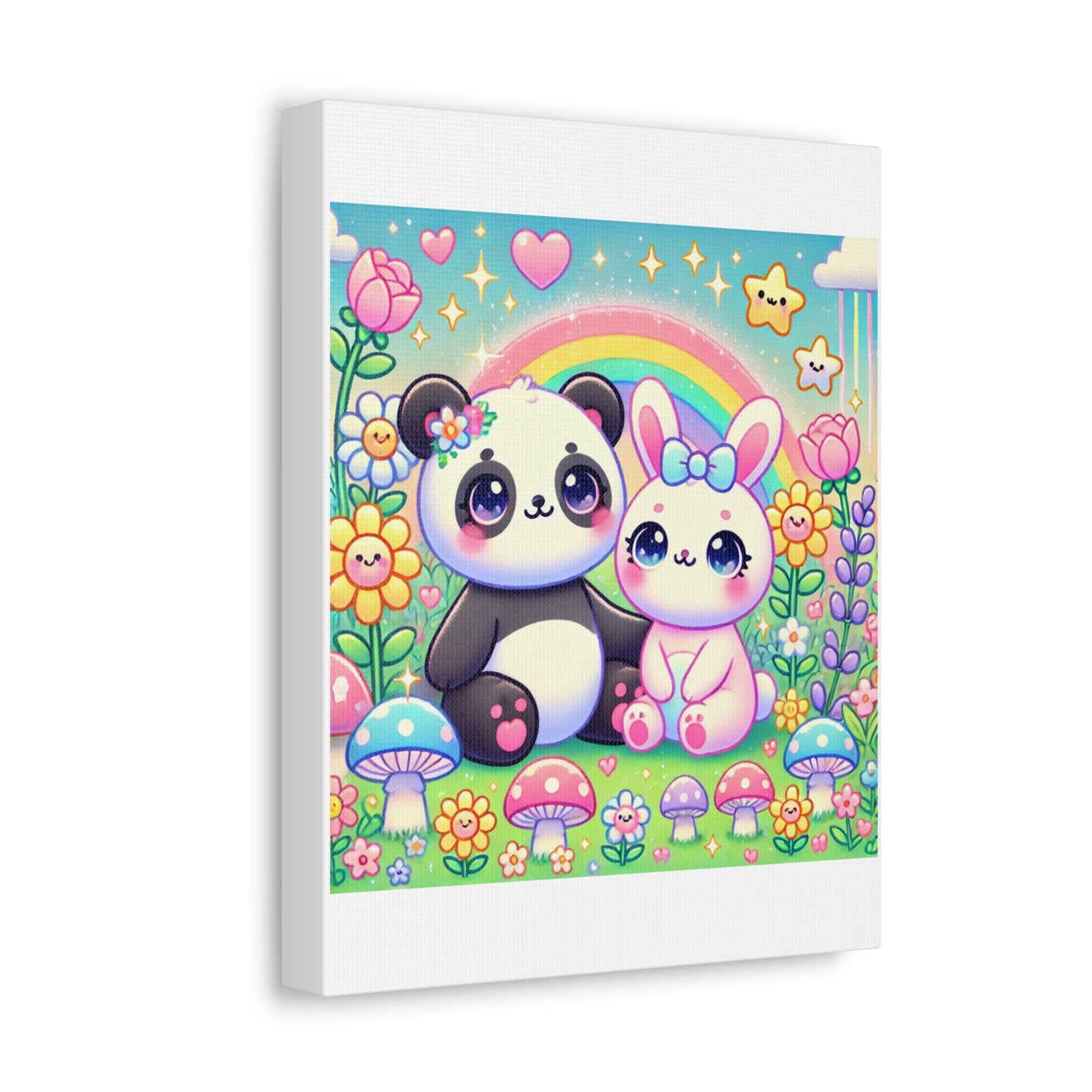 Pastel Panda and Bunny Rainbow Garden Canvas Wall Art