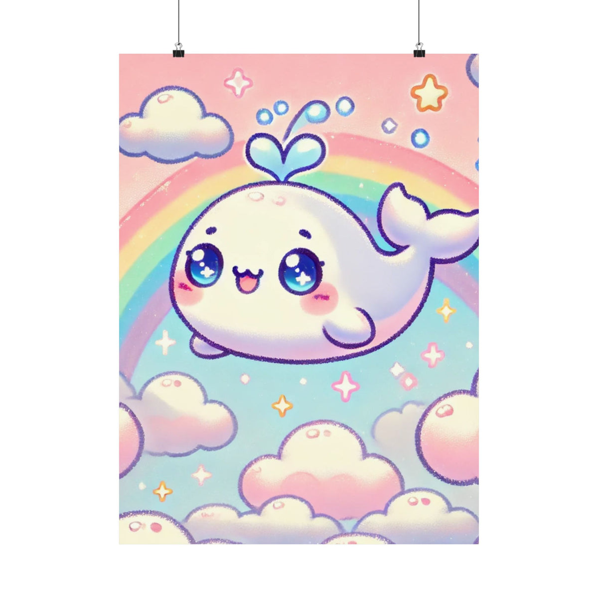 Kawaii Rainbow Whale Pastel Cloud Wall Art Poster