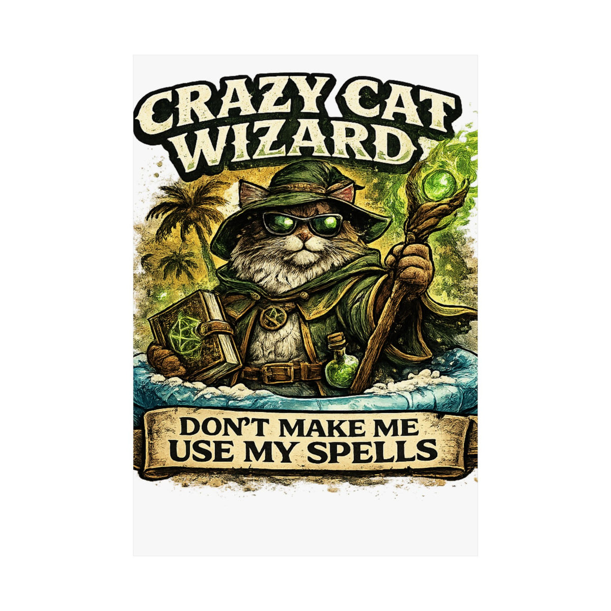 Crazy Cat Wizard Funny Fantasy Magic Art Poster