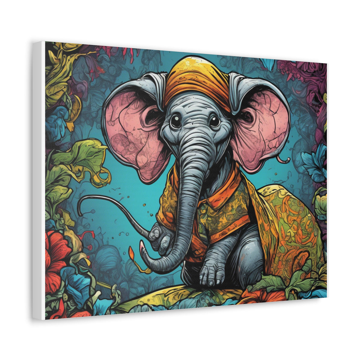 Colorful Storybook Elephant Floral Garden Canvas Wall Art