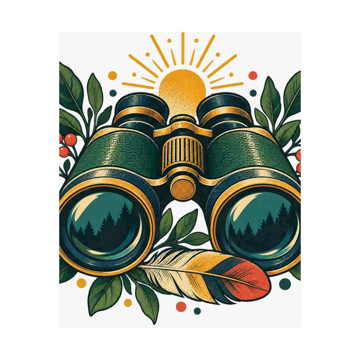 Retro Binoculars and Botanical Birdwatching Art Poster
