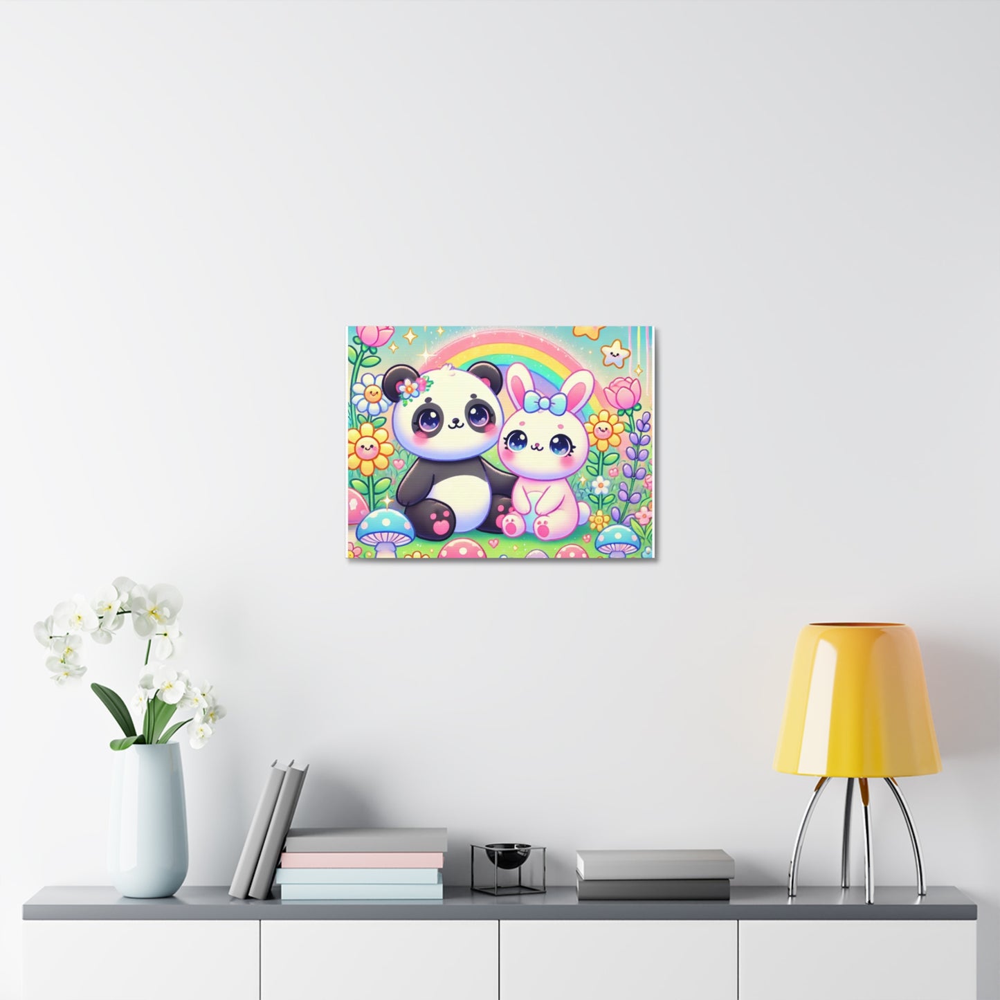 Pastel Panda and Bunny Rainbow Garden Canvas Wall Art