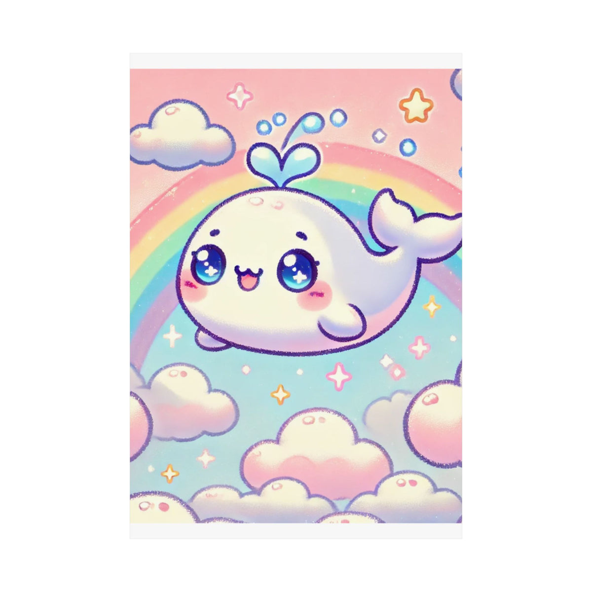 Kawaii Rainbow Whale Pastel Cloud Wall Art Poster