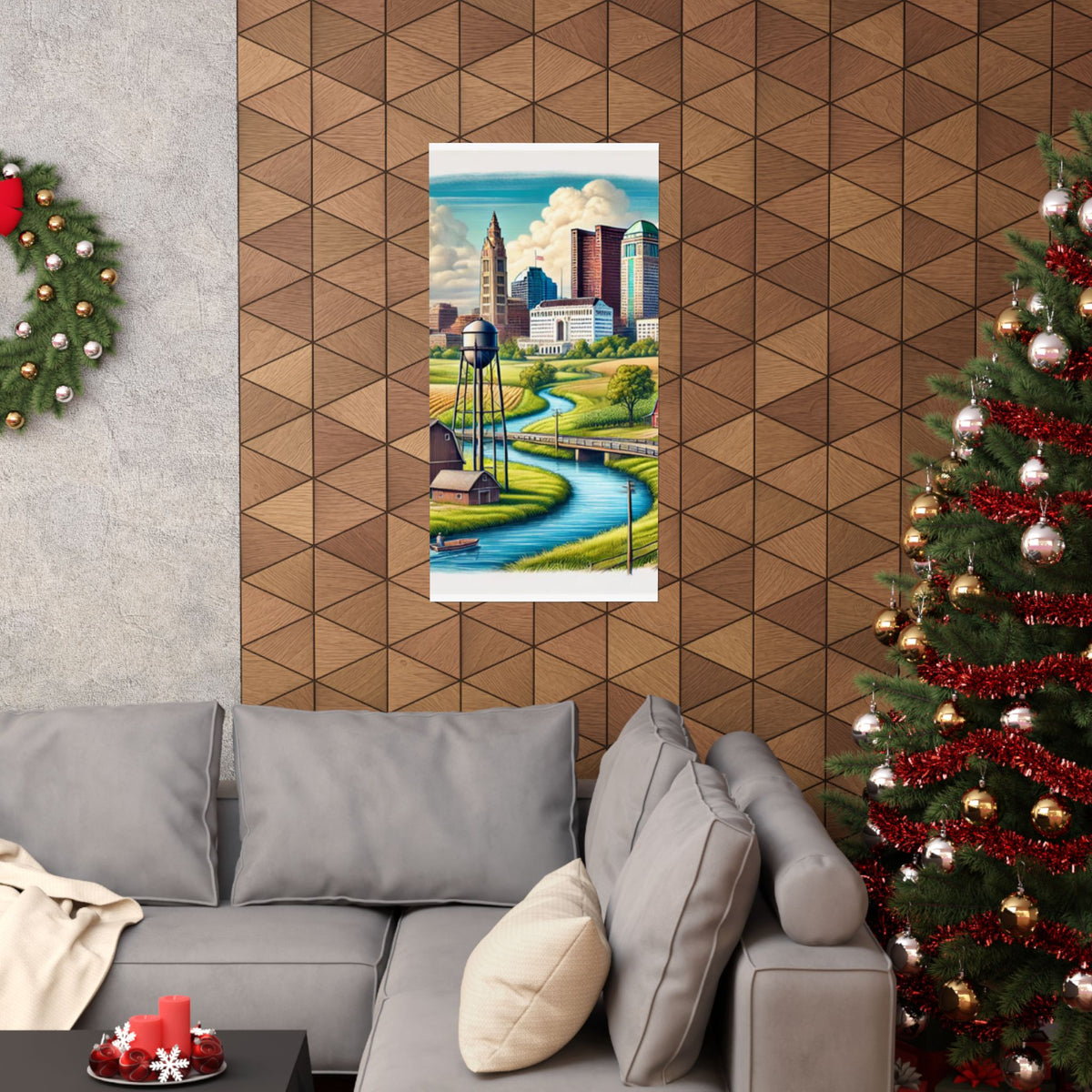 Rural River City Skyline Hometown Landscape Poster Art