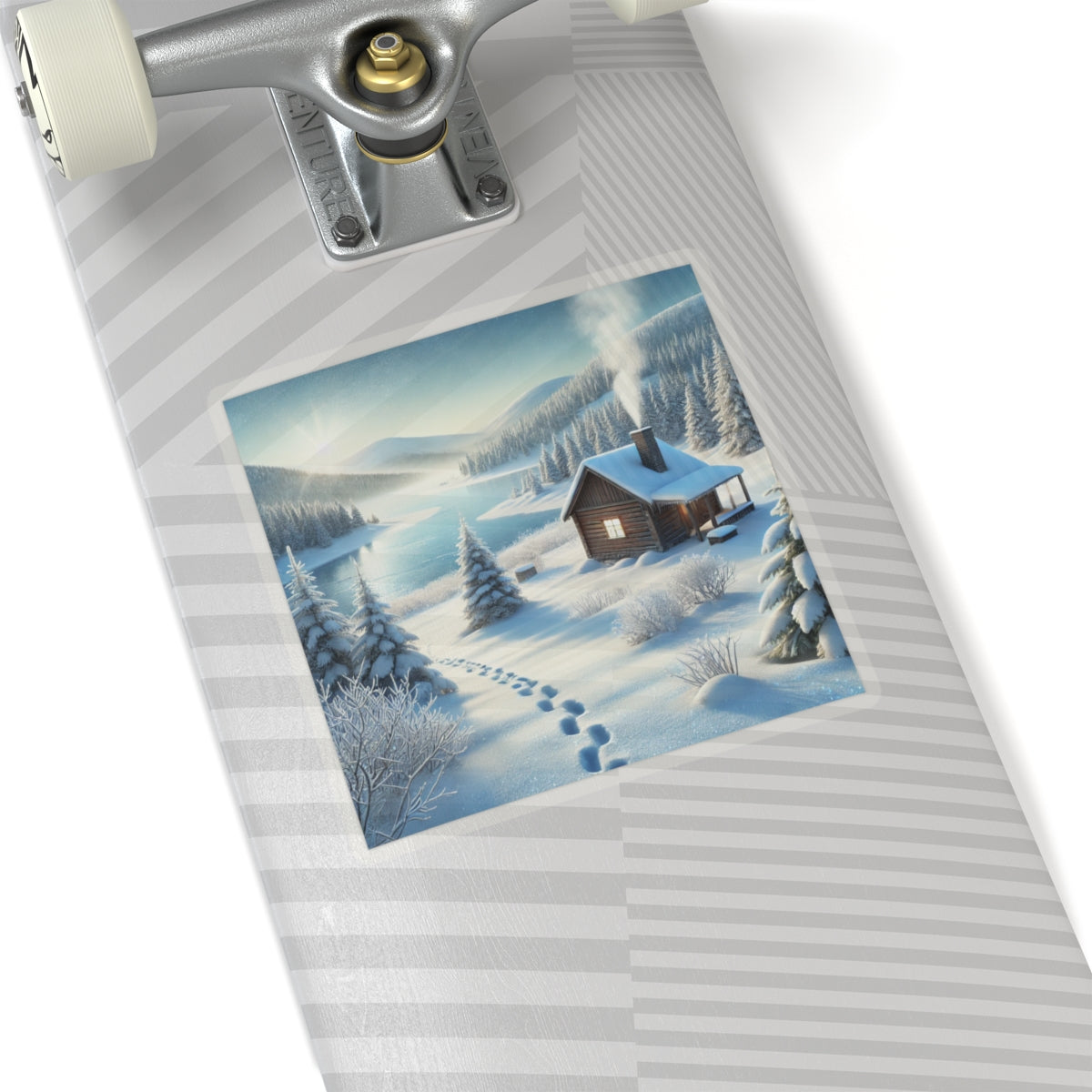Snowy Cabin Winter Lake Landscape Art Sticker