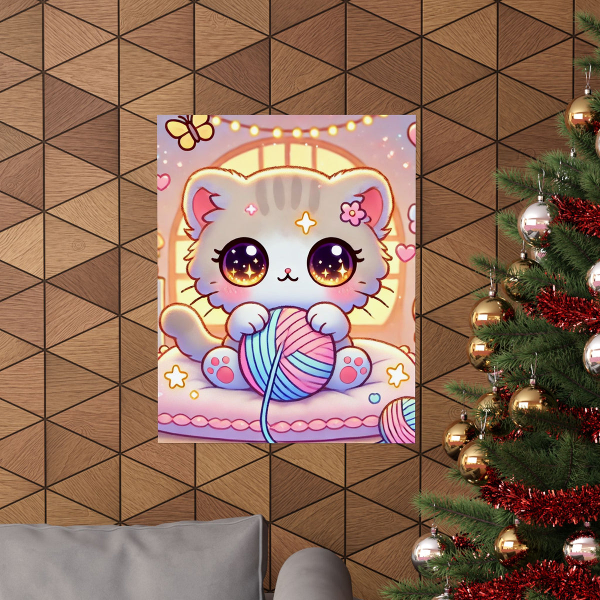 Cozy Kawaii Knitting Cat Pastel Yarn Wall Art Poster