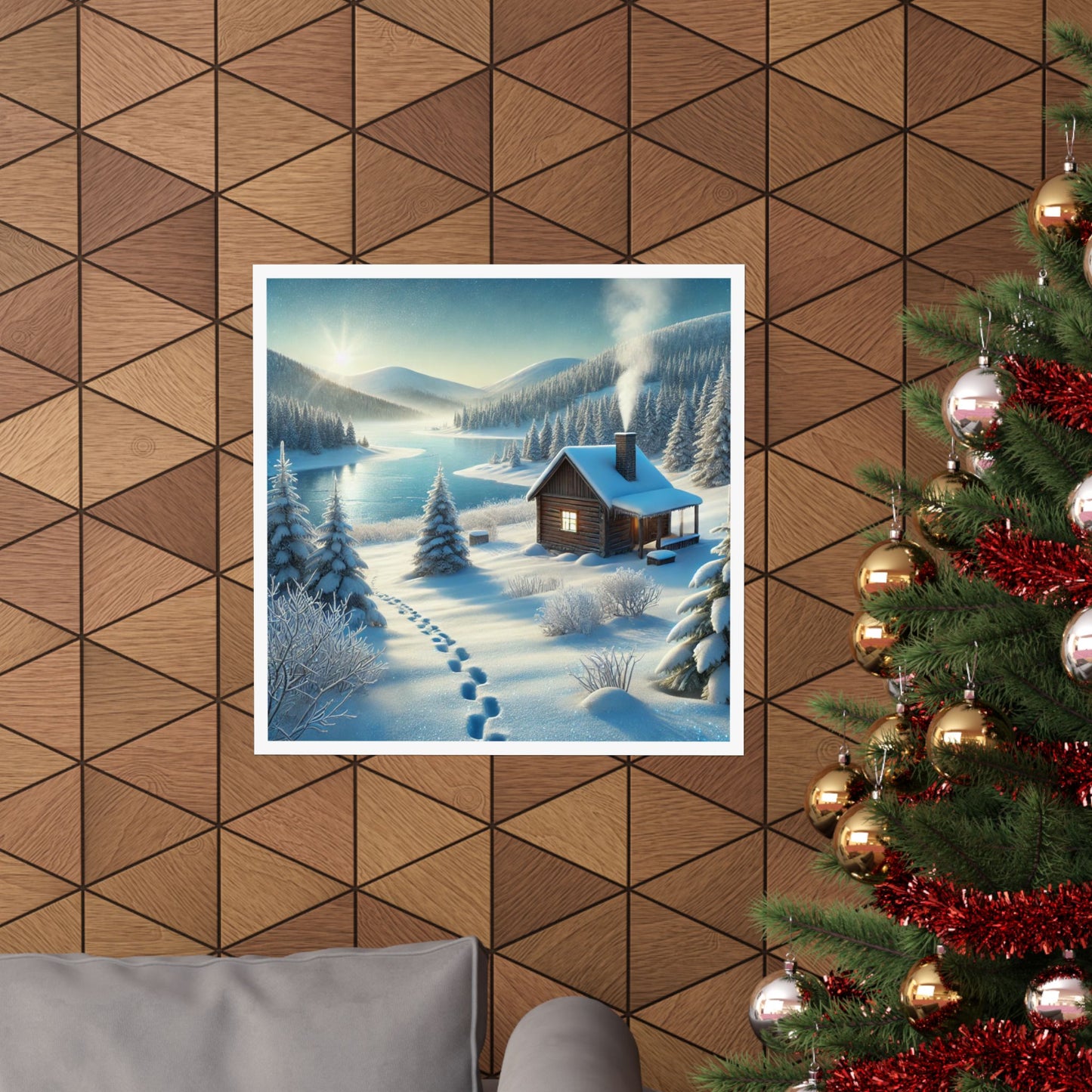 Snowy Cabin Winter Lake Landscape Art Poster