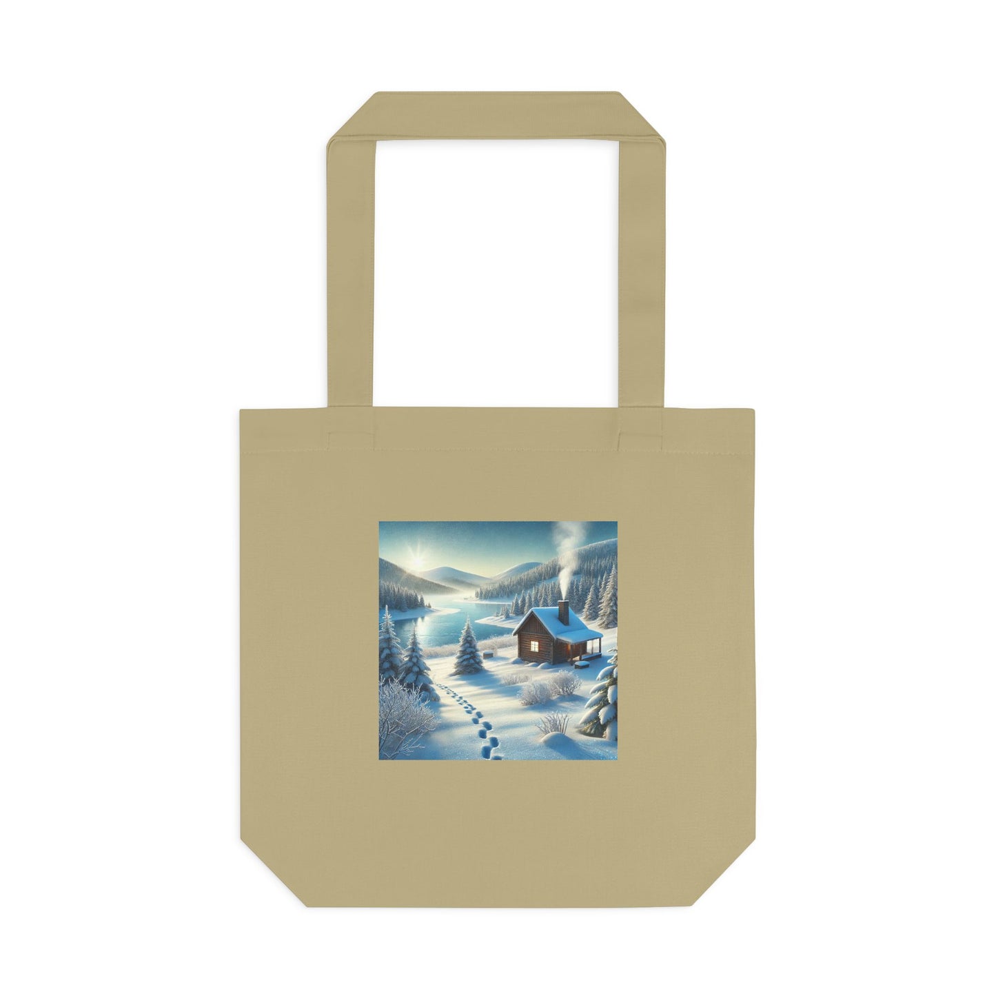 Snowy Cabin Winter Lake Landscape Art Tote Bag