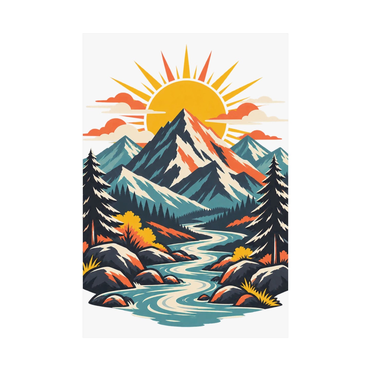 Alpine Sunrise River Mountain Adventure Art Poster