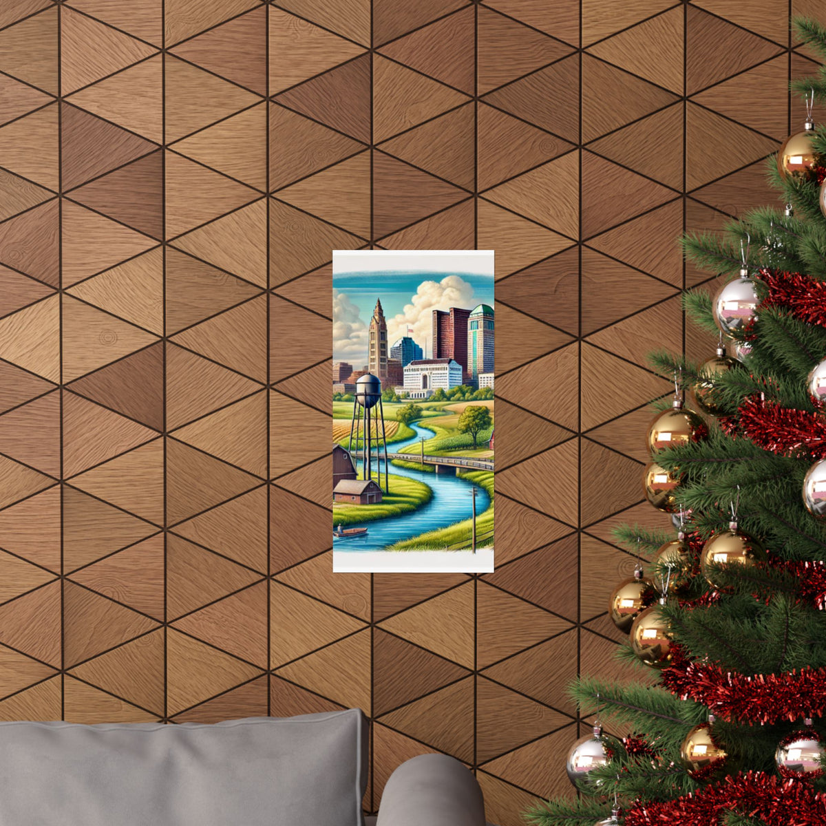 Rural River City Skyline Hometown Landscape Poster Art