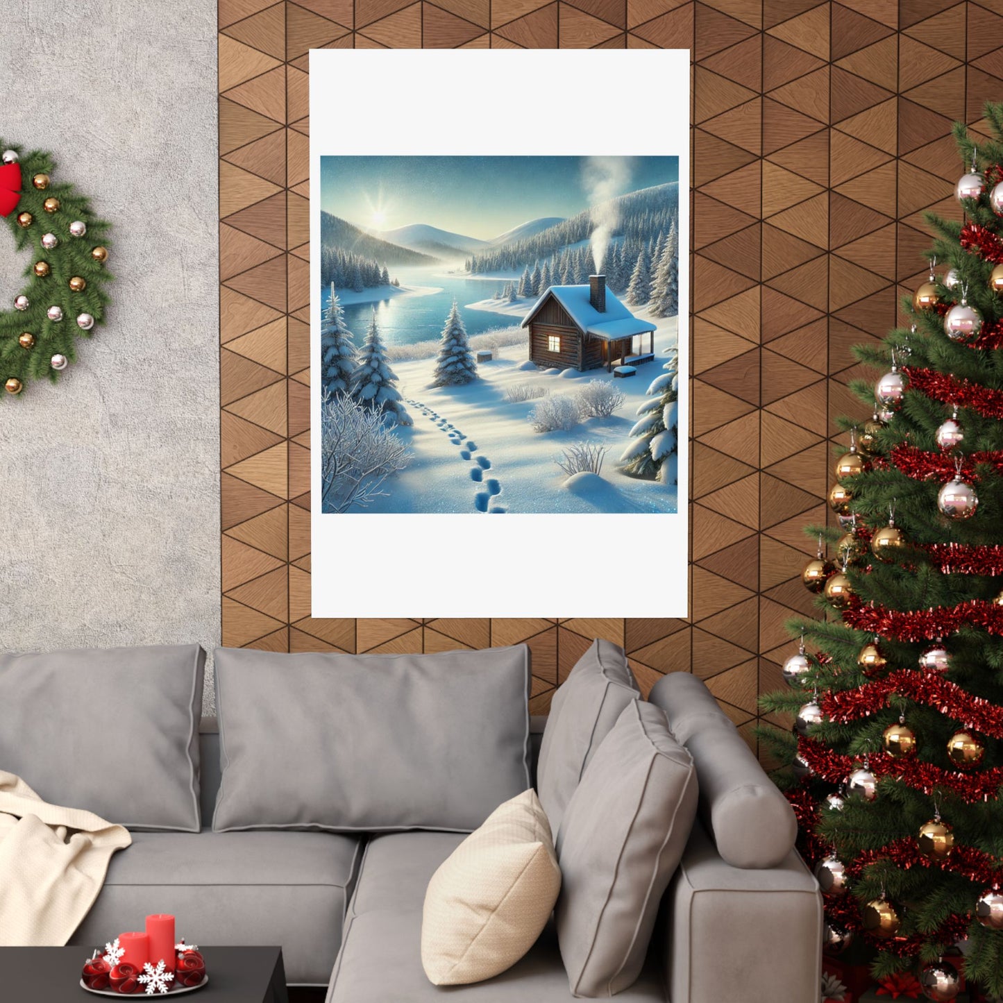 Snowy Cabin Winter Lake Landscape Art Poster