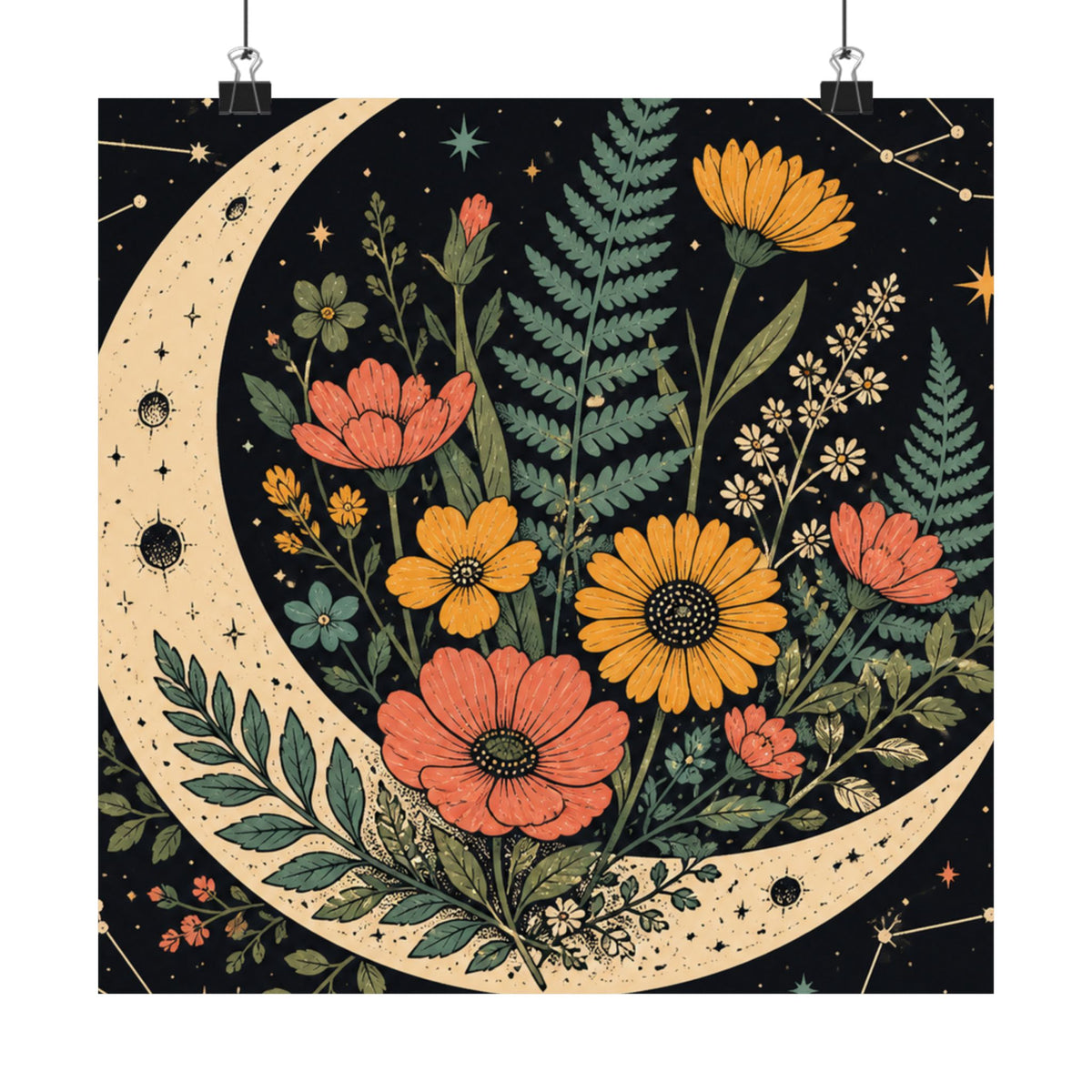 Celestial Wildflower Crescent Moon Botanical Art Poster
