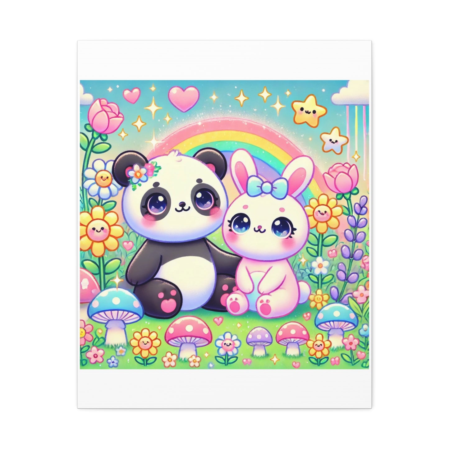 Pastel Panda and Bunny Rainbow Garden Canvas Wall Art