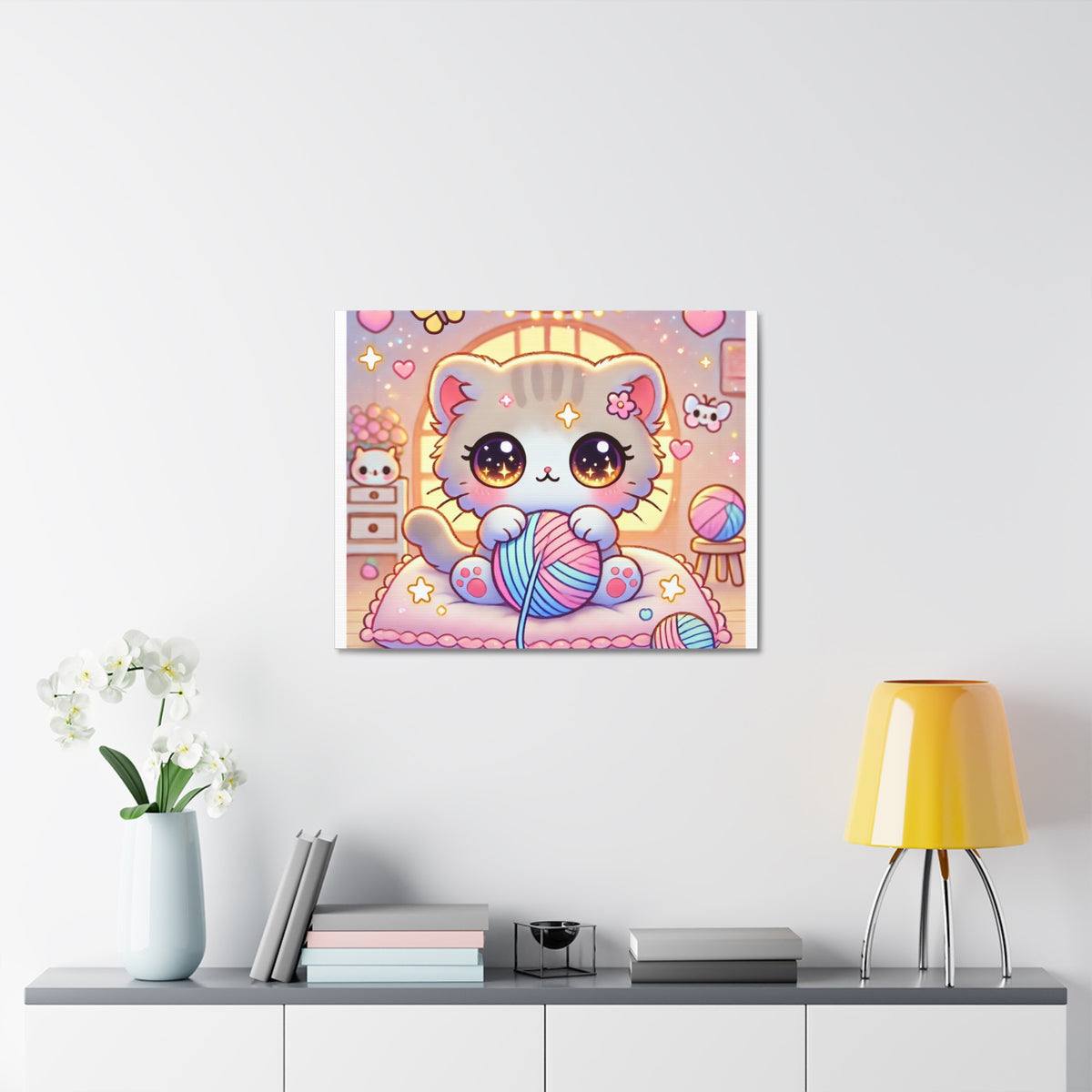 Cozy Kawaii Knitting Cat Pastel Yarn Canvas Wall Art