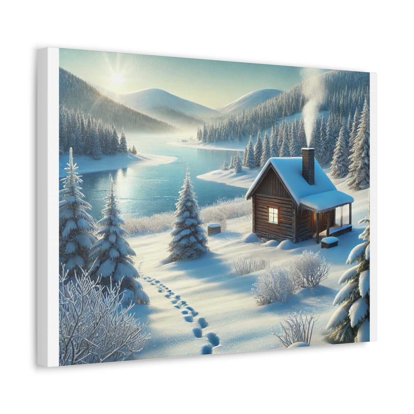 Snowy Cabin Winter Lake Landscape Art Canvas