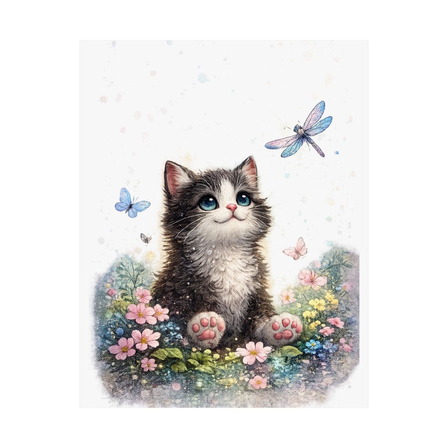 Whimsical Kitten Butterfly Garden Art Poster
