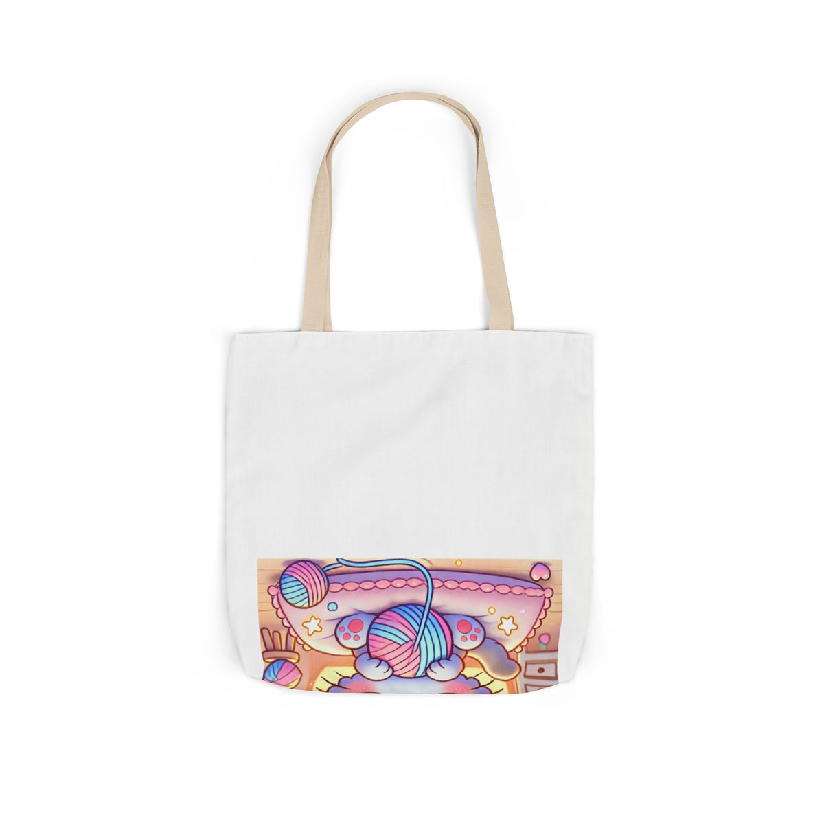 Cozy Kawaii Knitting Cat Pastel Yarn Canvas Tote Bag