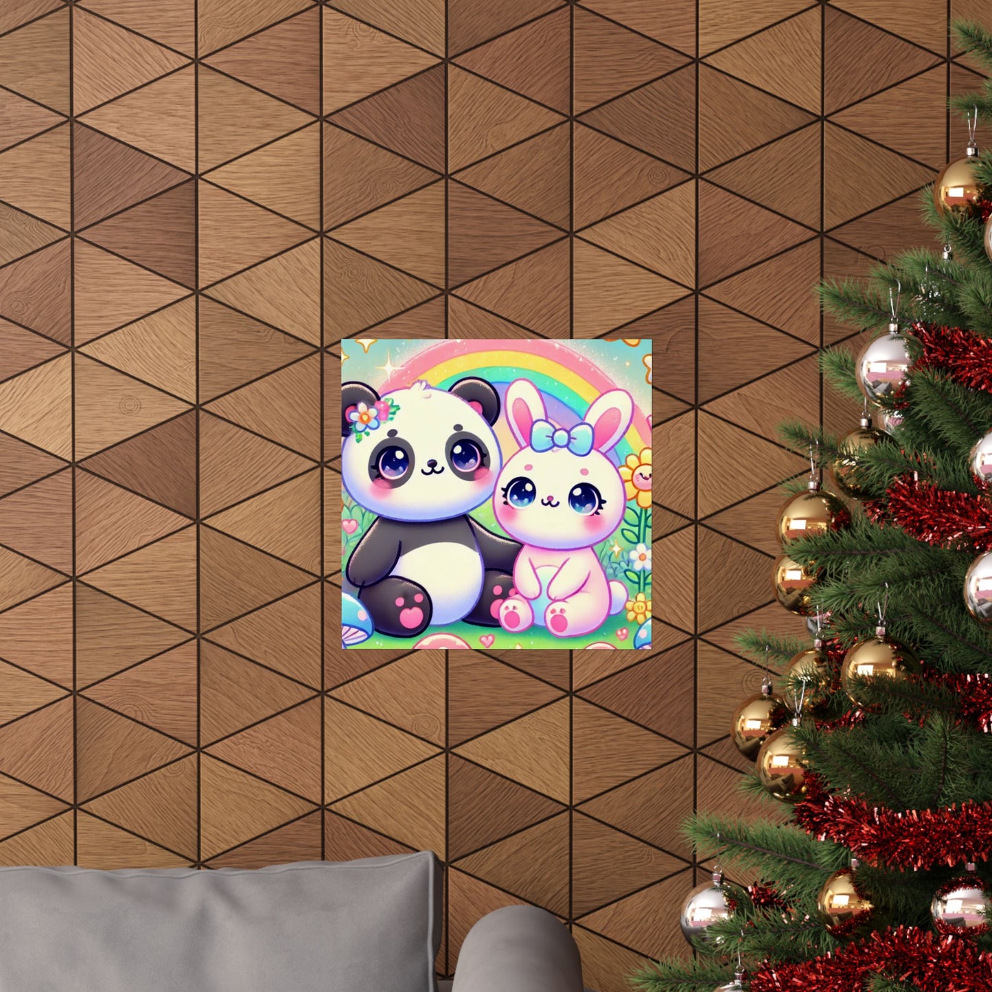 Pastel Panda and Bunny Rainbow Garden Wall Art Poster