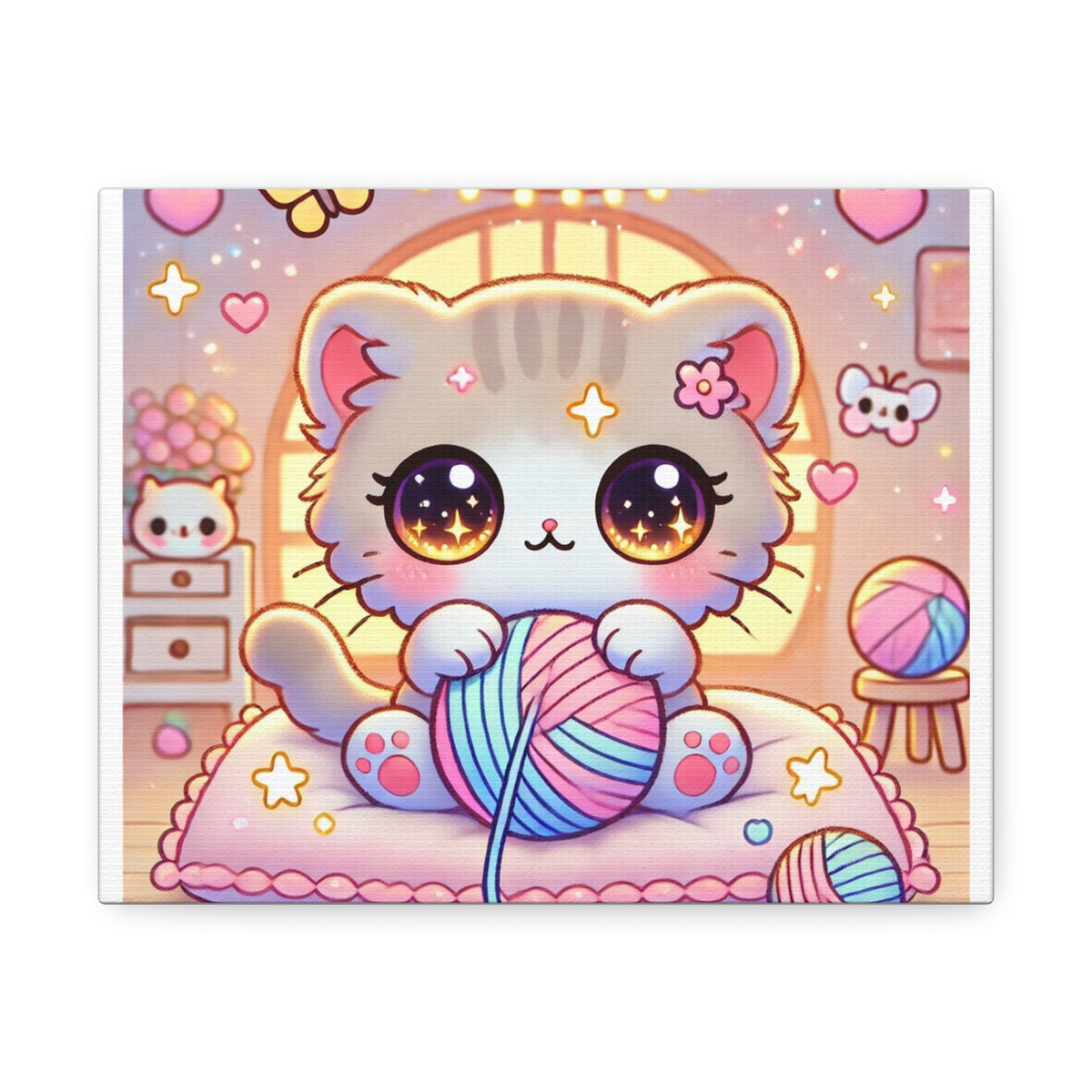 Cozy Kawaii Knitting Cat Pastel Yarn Canvas Wall Art