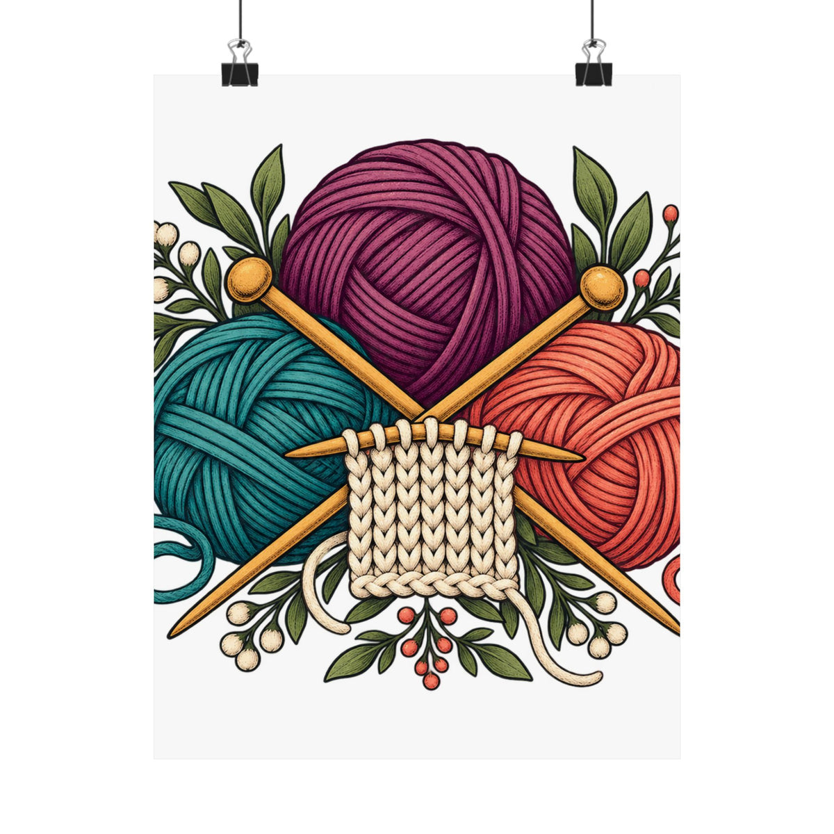 Retro Yarn and Knitting Botanical Art Poster