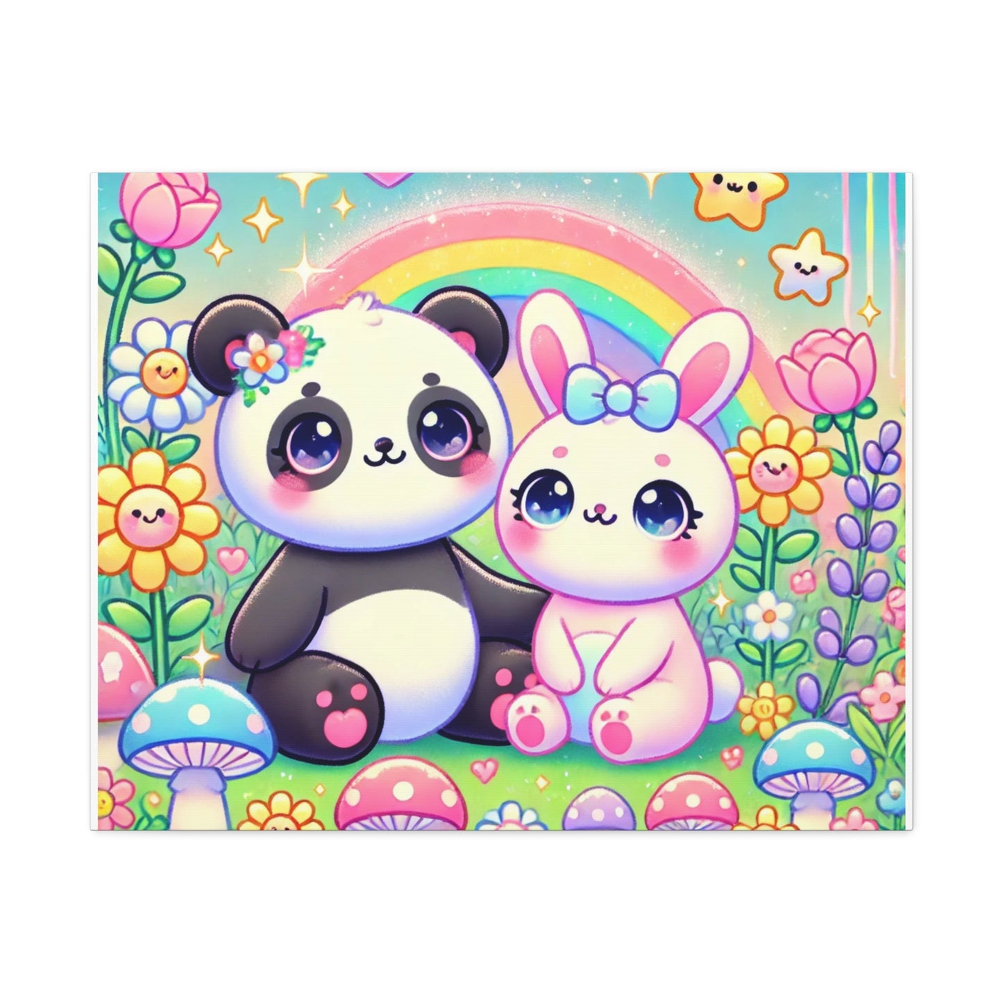 Pastel Panda and Bunny Rainbow Garden Canvas Wall Art