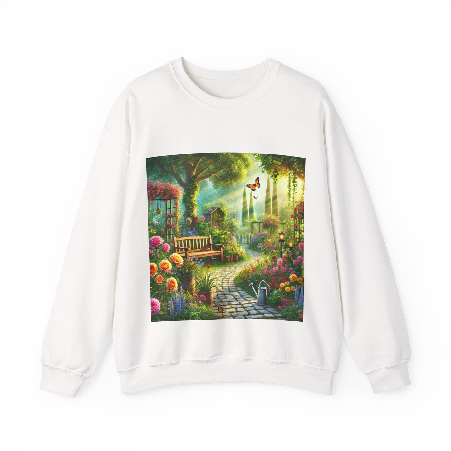Sunlit Spring Flower Garden Bench Sweatshirt