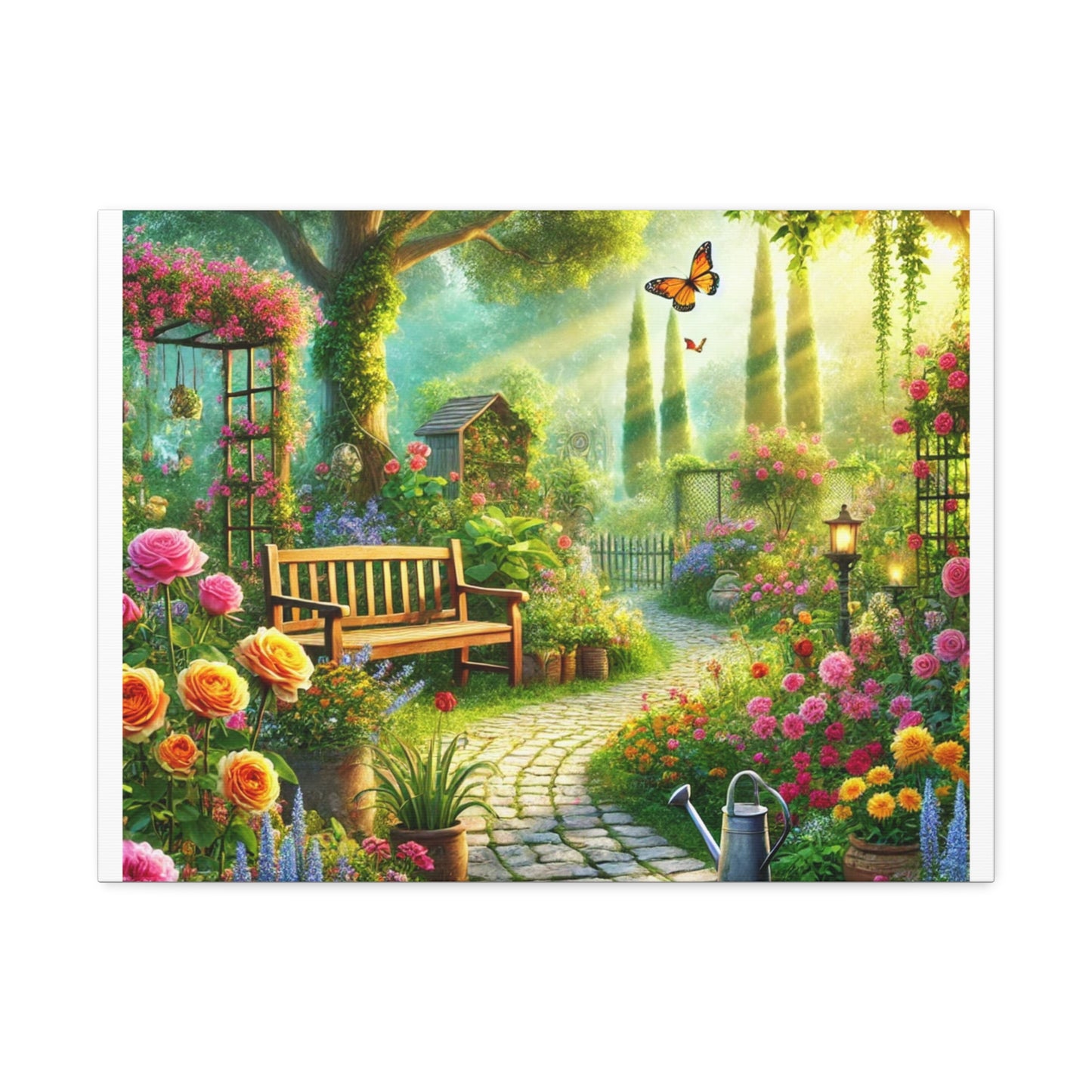 Sunlit Spring Flower Garden Bench Canvas