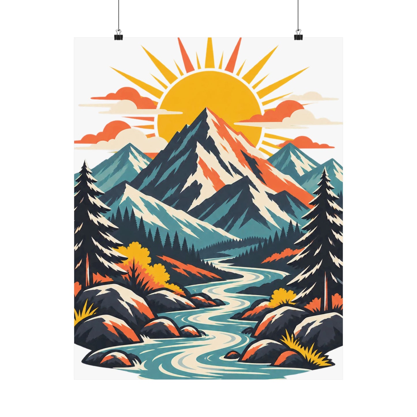 Alpine Sunrise River Mountain Adventure Art Poster