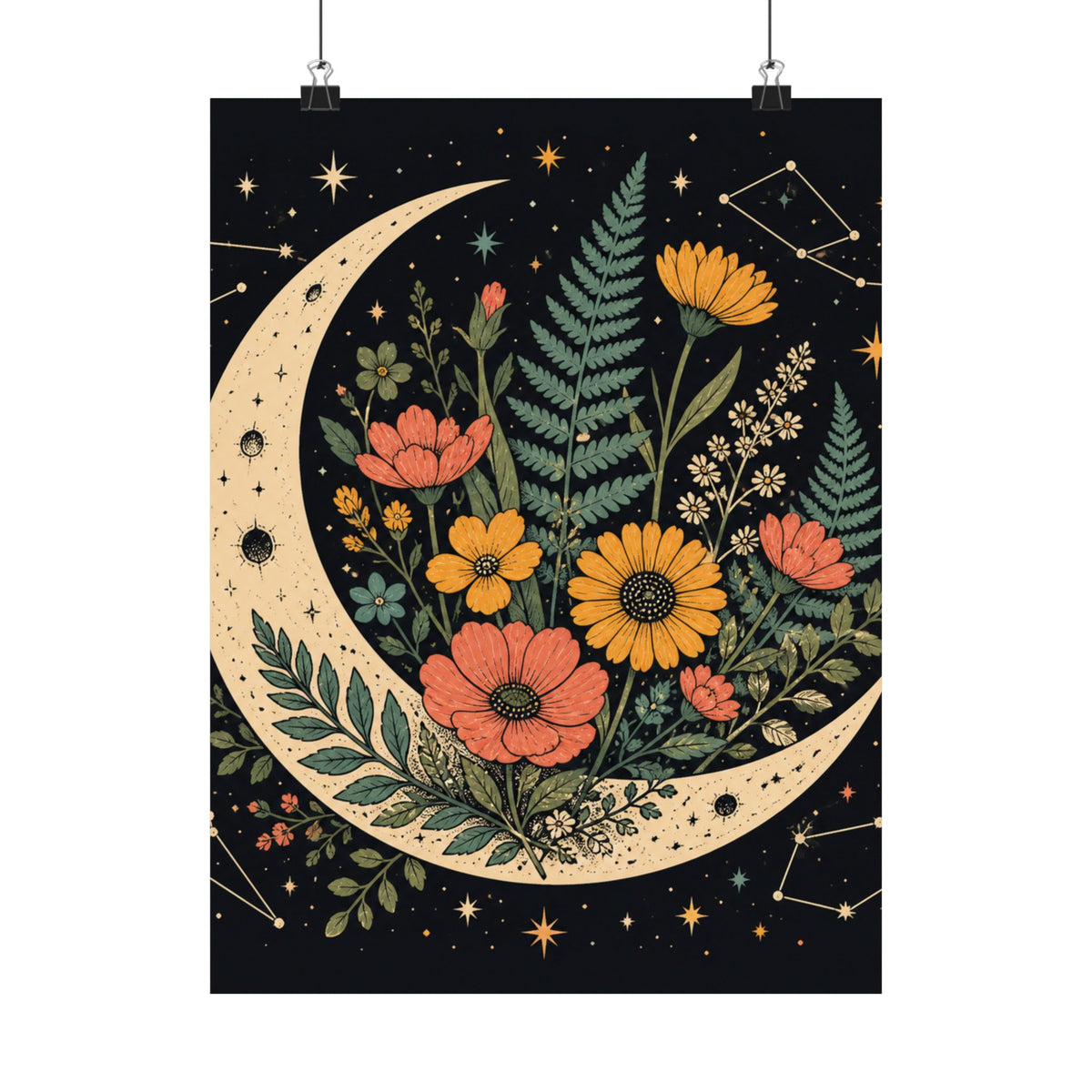 Celestial Wildflower Crescent Moon Botanical Art Poster