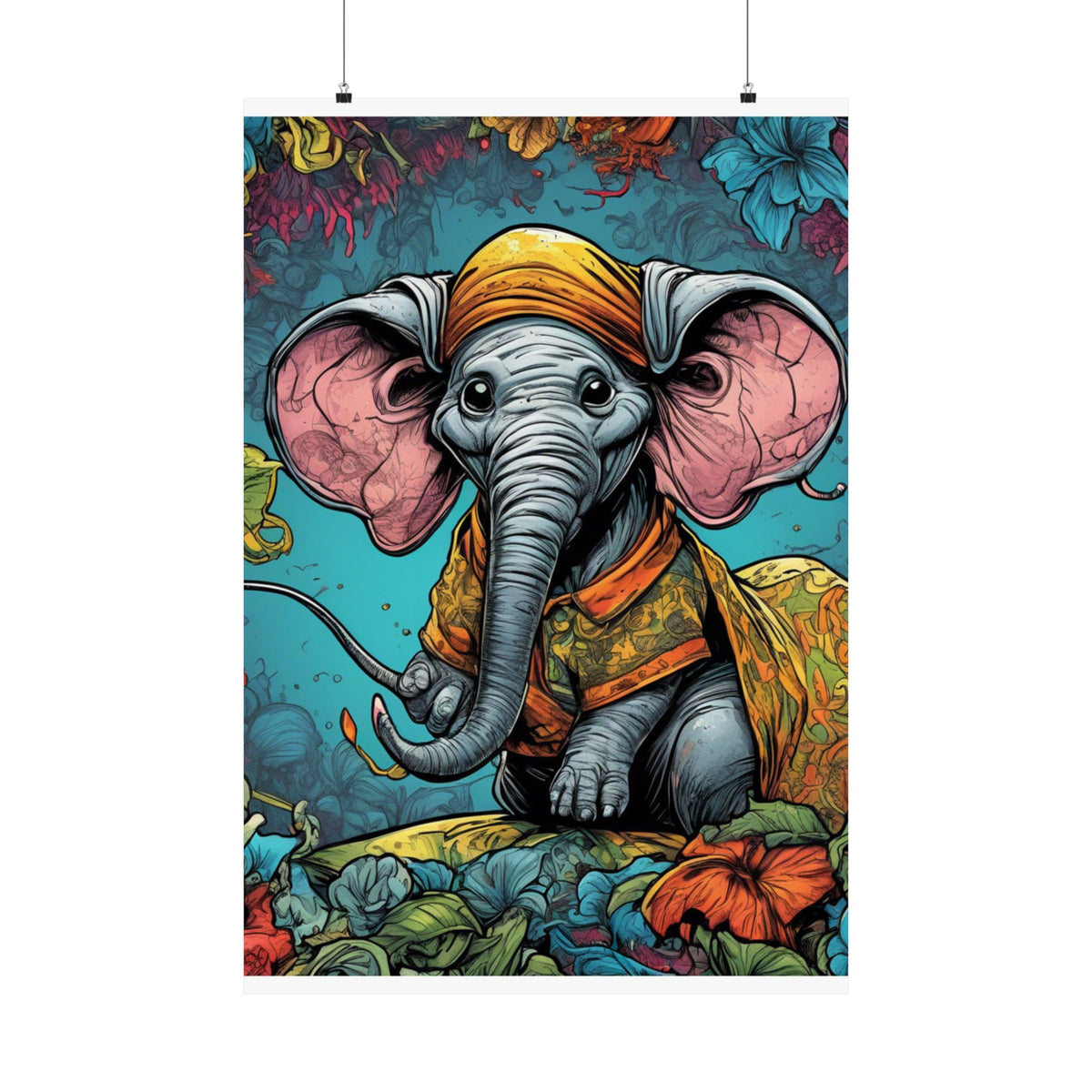 Colorful Storybook Elephant Floral Garden Wall Art Poster