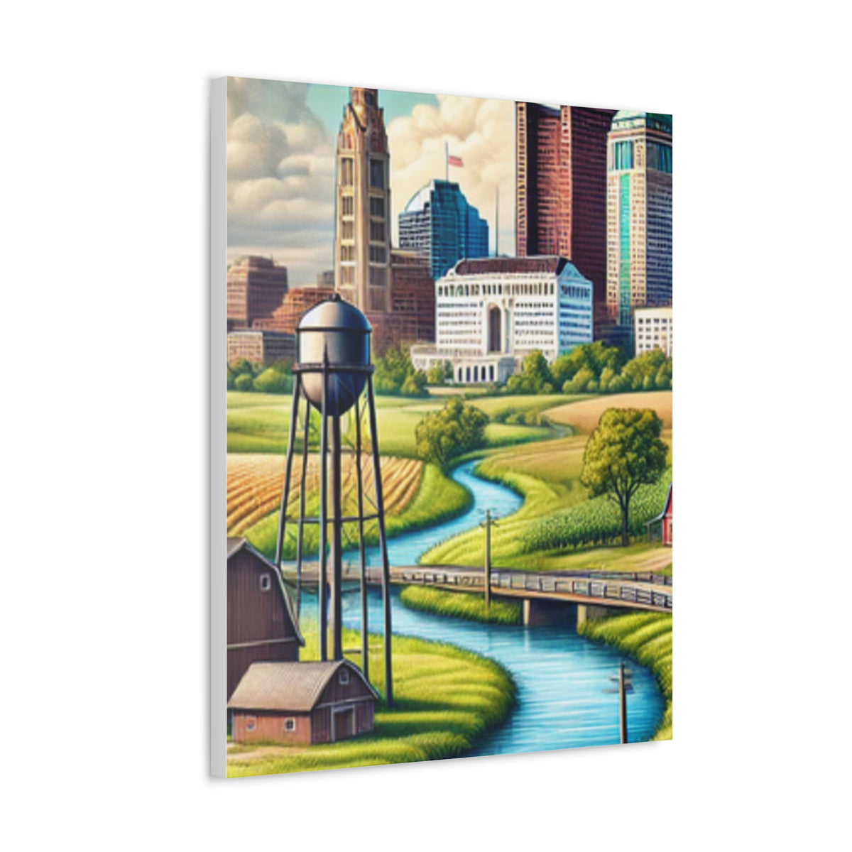 Rural River City Skyline Hometown Landscape Canvas Wall Art