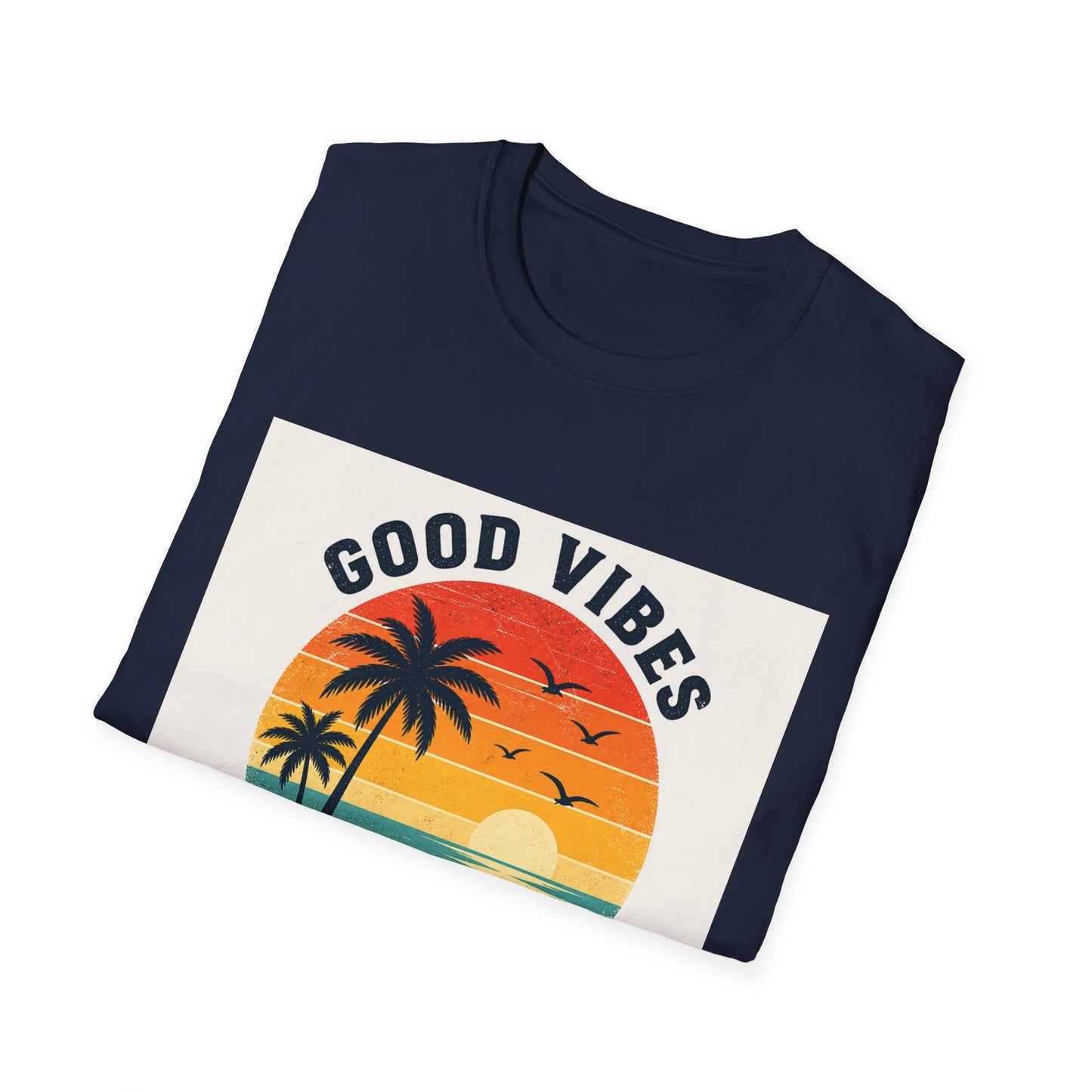 Good Vibes High Tides T-Shirt | Retro Sunset Palm Beach Design